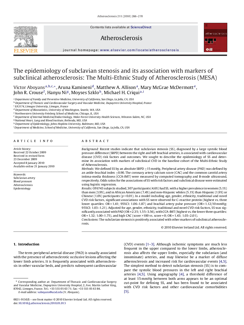 The epidemiology of subclavian stenosis and its association with markers of subclinical atherosclerosis: The Multi-Ethnic Study of Atherosclerosis (MESA)