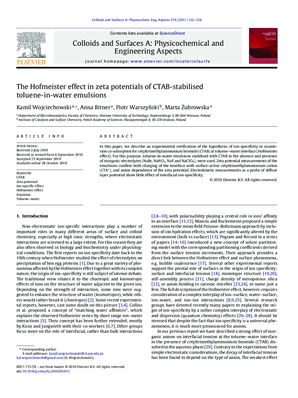 The Hofmeister effect in zeta potentials of CTAB-stabilised toluene-in-water emulsions