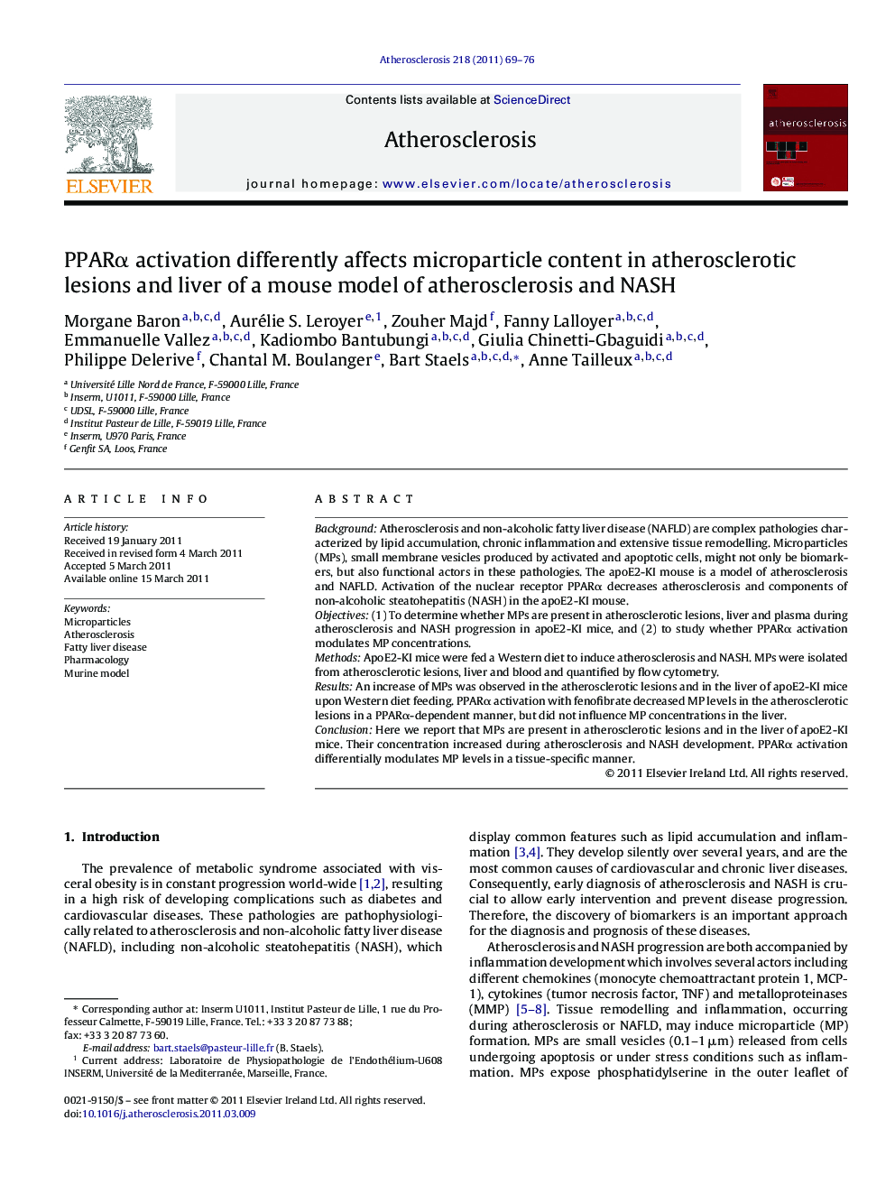 PPARÎ± activation differently affects microparticle content in atherosclerotic lesions and liver of a mouse model of atherosclerosis and NASH