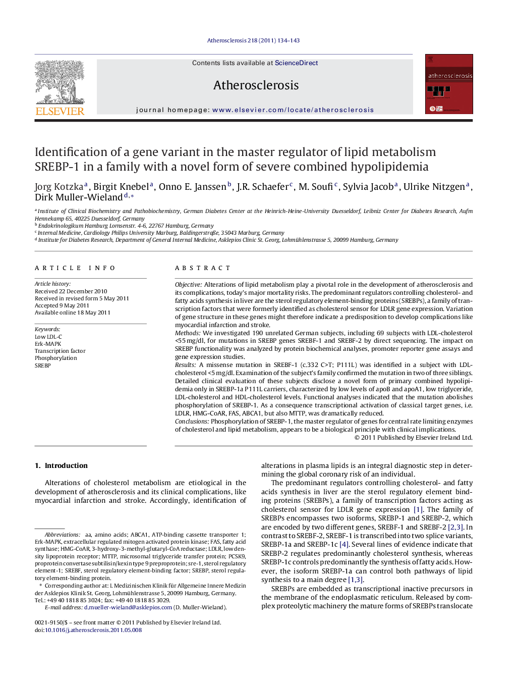 Identification of a gene variant in the master regulator of lipid metabolism SREBP-1 in a family with a novel form of severe combined hypolipidemia