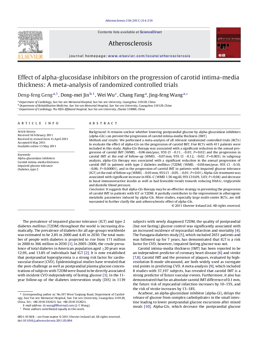 Effect of alpha-glucosidase inhibitors on the progression of carotid intima-media thickness: A meta-analysis of randomized controlled trials