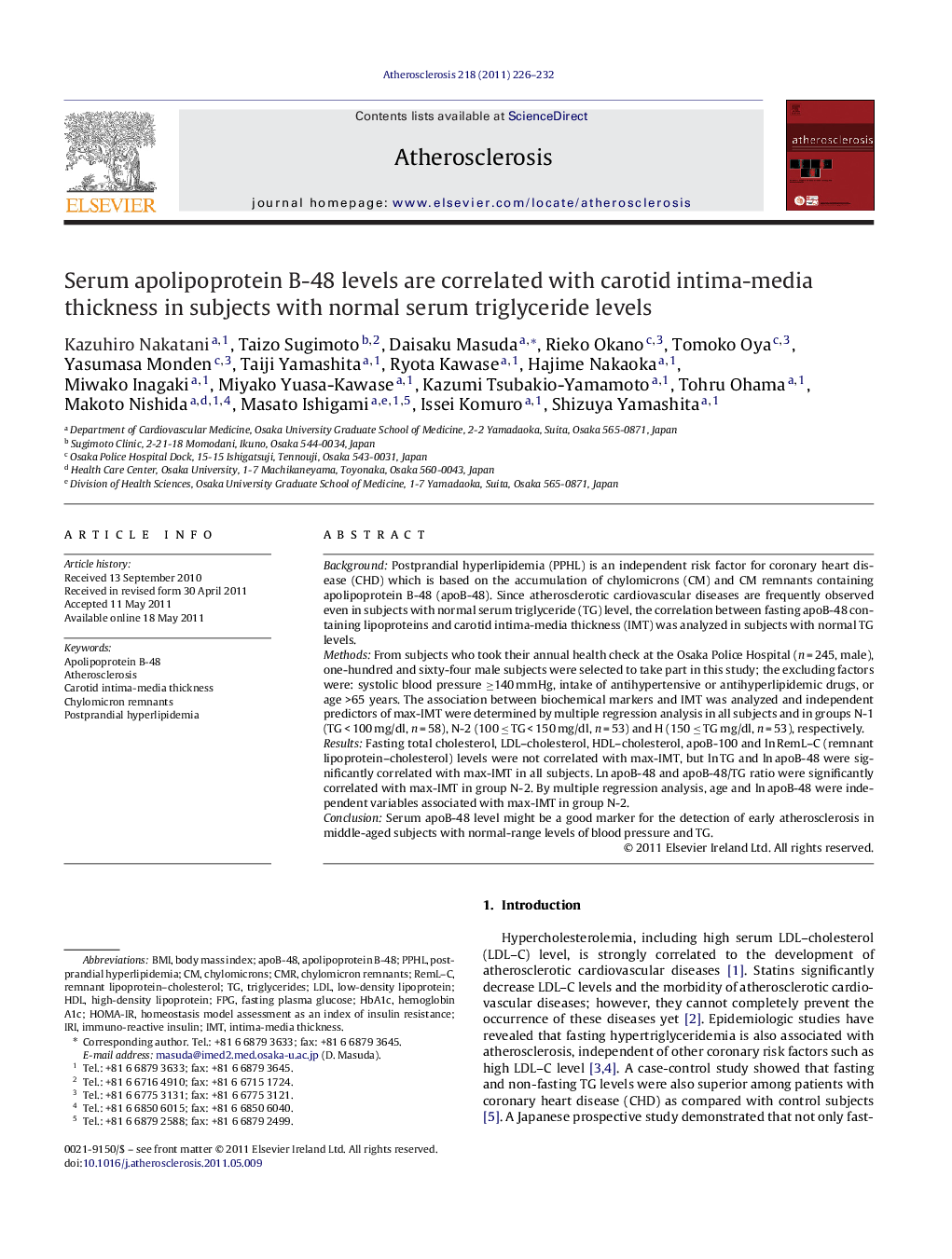 Serum apolipoprotein B-48 levels are correlated with carotid intima-media thickness in subjects with normal serum triglyceride levels