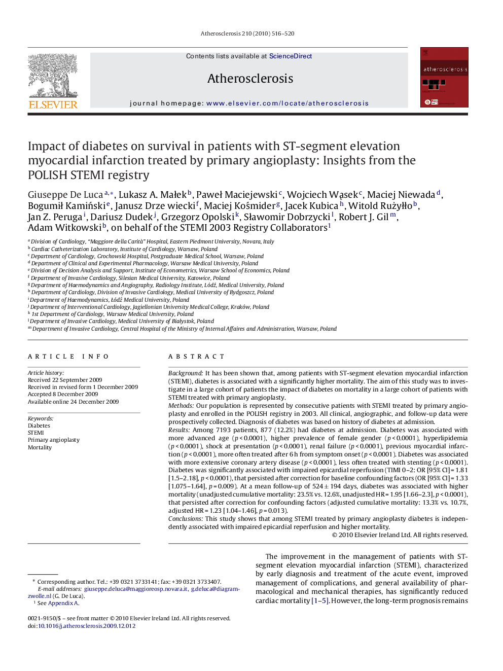 Impact of diabetes on survival in patients with ST-segment elevation myocardial infarction treated by primary angioplasty: Insights from the POLISH STEMI registry