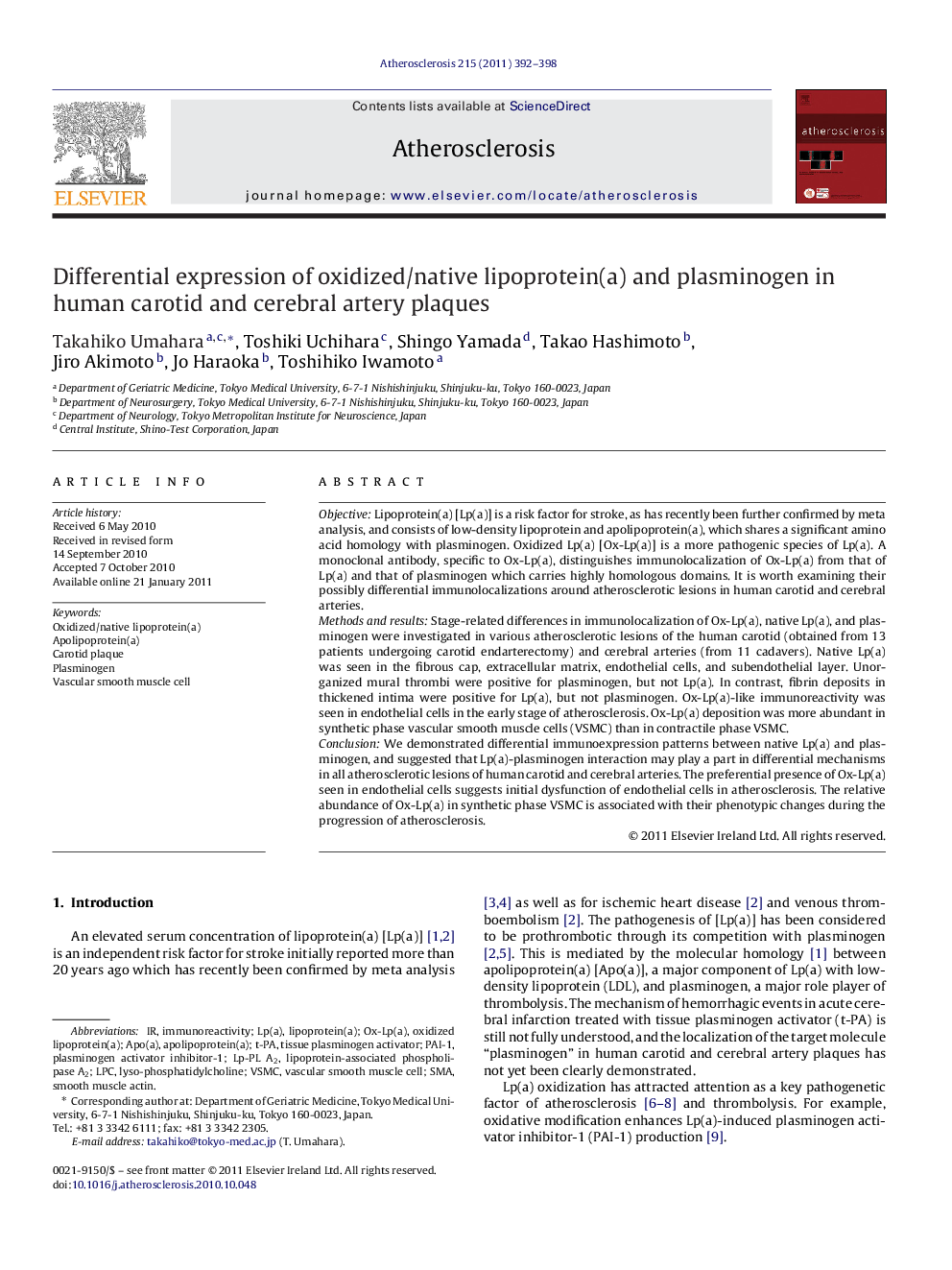 Differential expression of oxidized/native lipoprotein(a) and plasminogen in human carotid and cerebral artery plaques