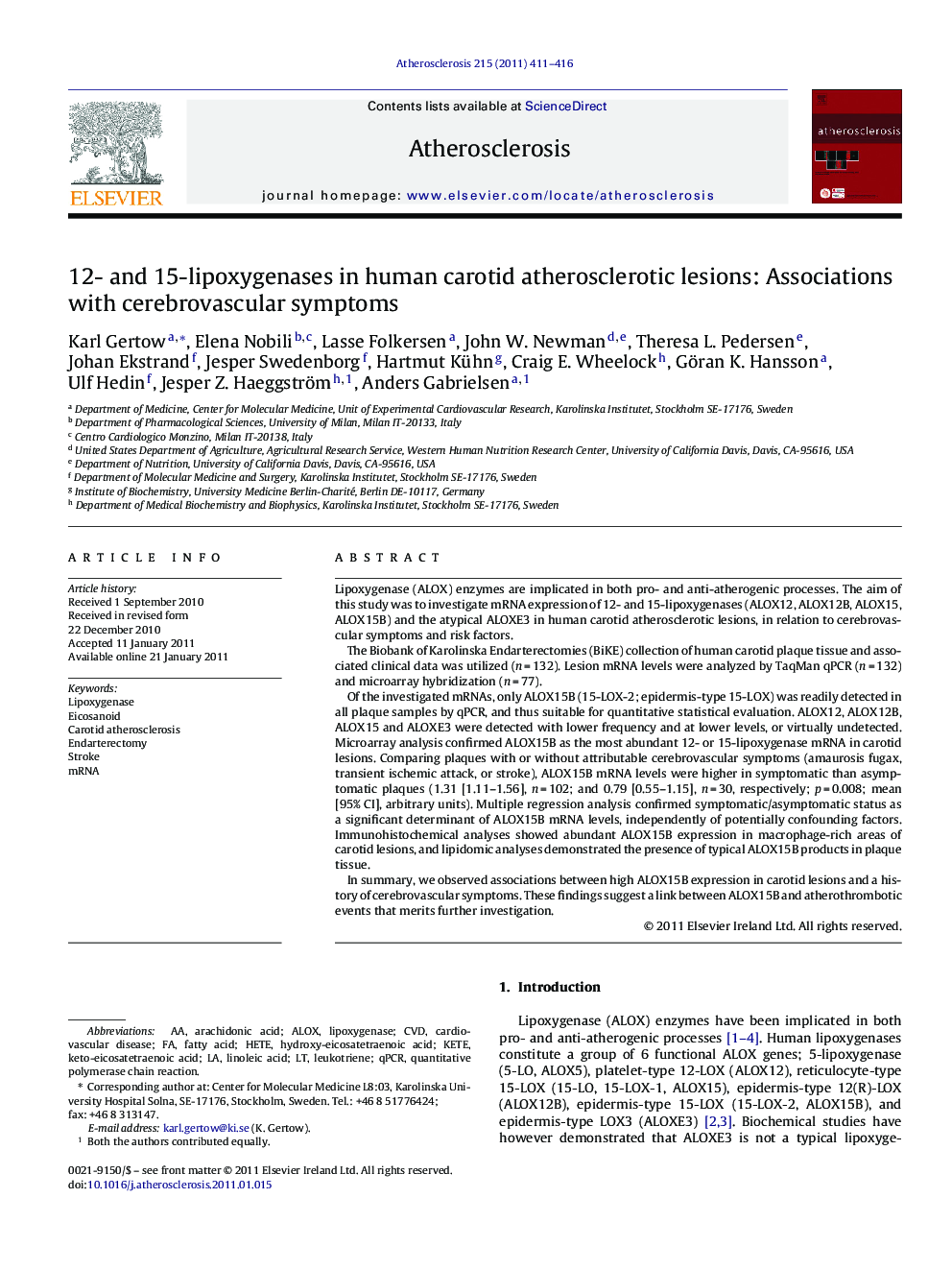 12- and 15-lipoxygenases in human carotid atherosclerotic lesions: Associations with cerebrovascular symptoms