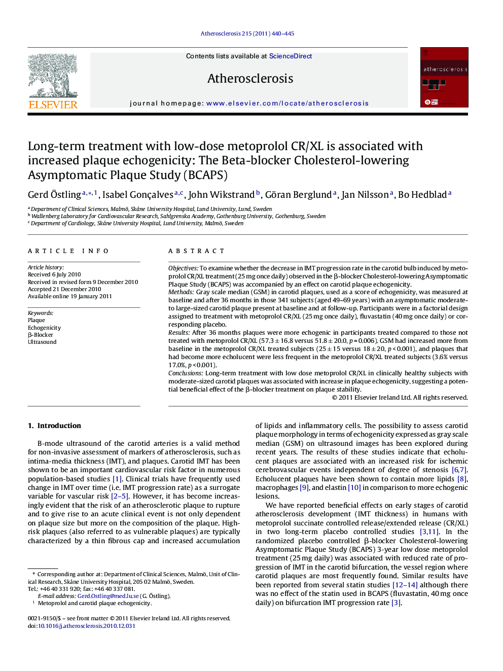 Long-term treatment with low-dose metoprolol CR/XL is associated with increased plaque echogenicity: The Beta-blocker Cholesterol-lowering Asymptomatic Plaque Study (BCAPS)