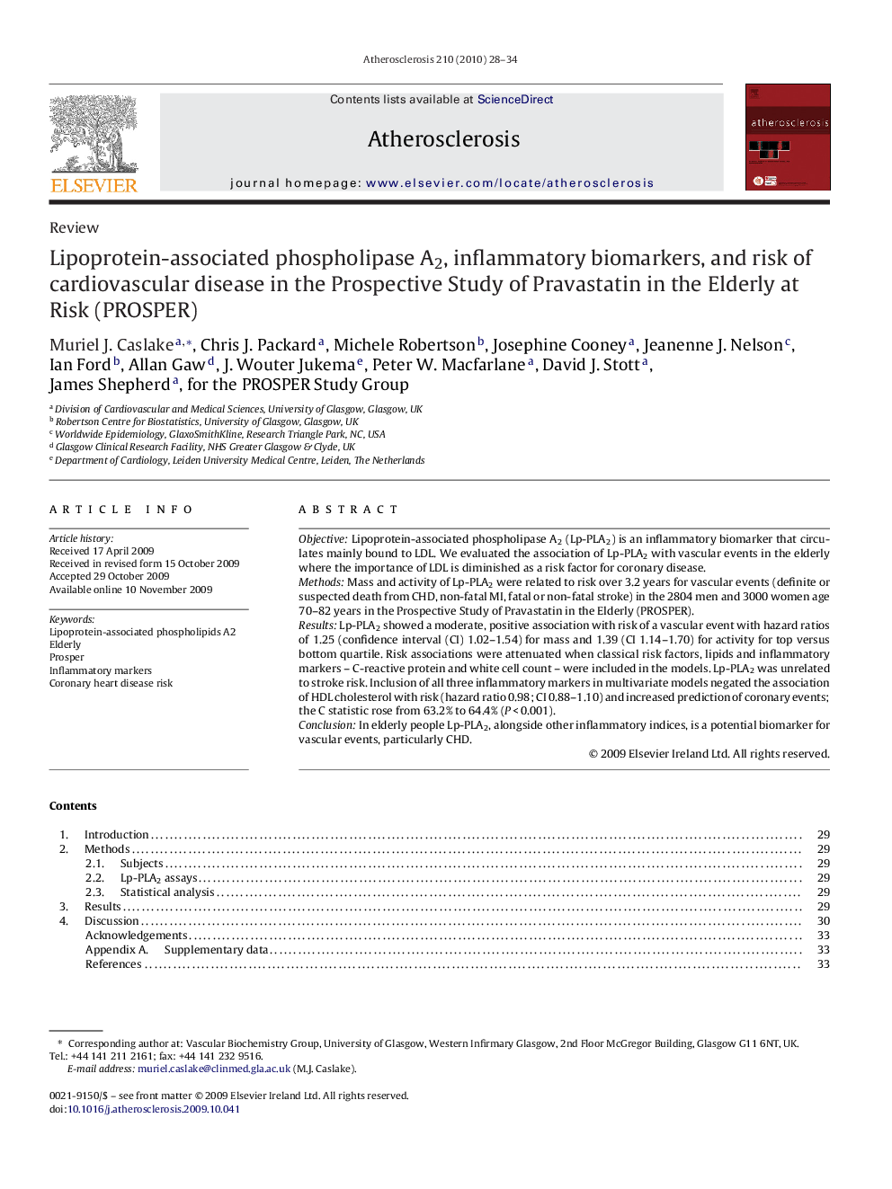 ReviewLipoprotein-associated phospholipase A2, inflammatory biomarkers, and risk of cardiovascular disease in the Prospective Study of Pravastatin in the Elderly at Risk (PROSPER)