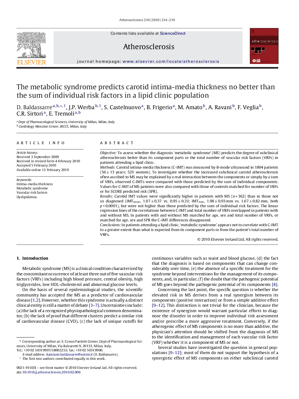 The metabolic syndrome predicts carotid intima-media thickness no better than the sum of individual risk factors in a lipid clinic population