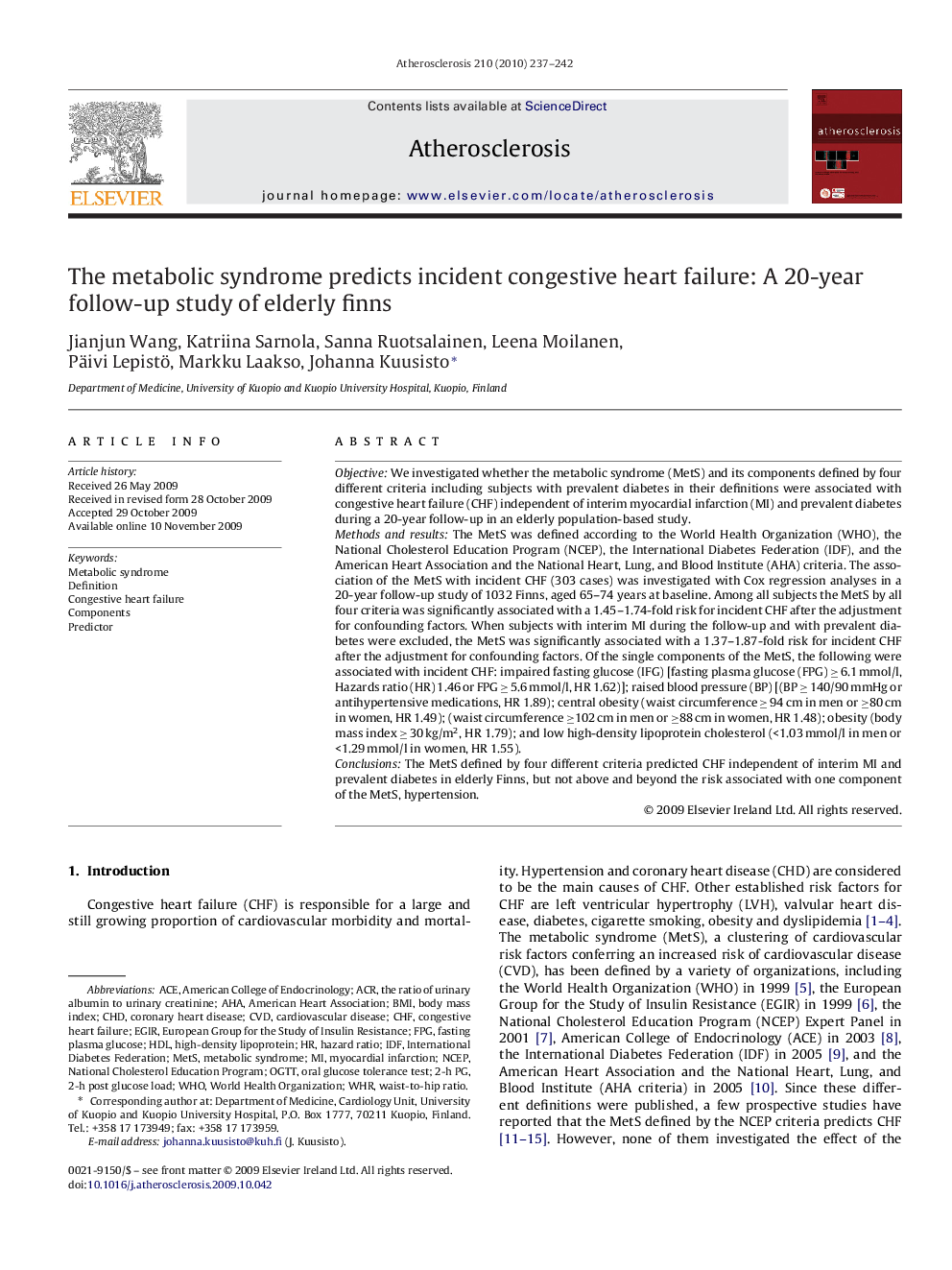 The metabolic syndrome predicts incident congestive heart failure: A 20-year follow-up study of elderly finns