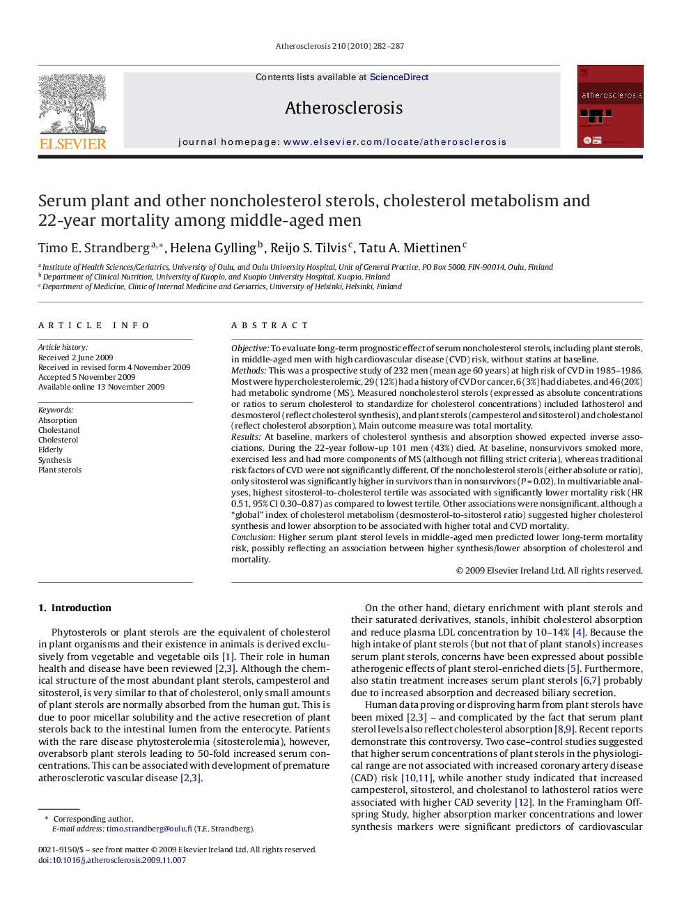 Serum plant and other noncholesterol sterols, cholesterol metabolism and 22-year mortality among middle-aged men