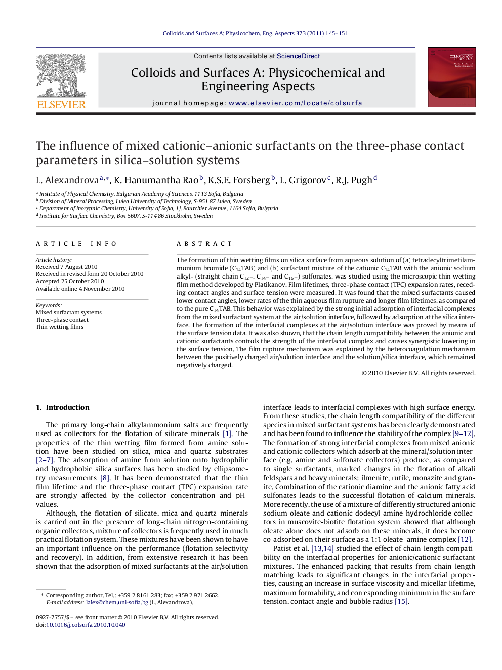 The influence of mixed cationic–anionic surfactants on the three-phase contact parameters in silica–solution systems