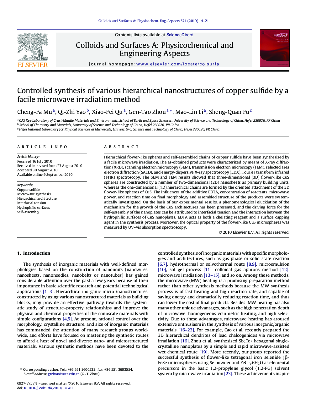 Controlled synthesis of various hierarchical nanostructures of copper sulfide by a facile microwave irradiation method