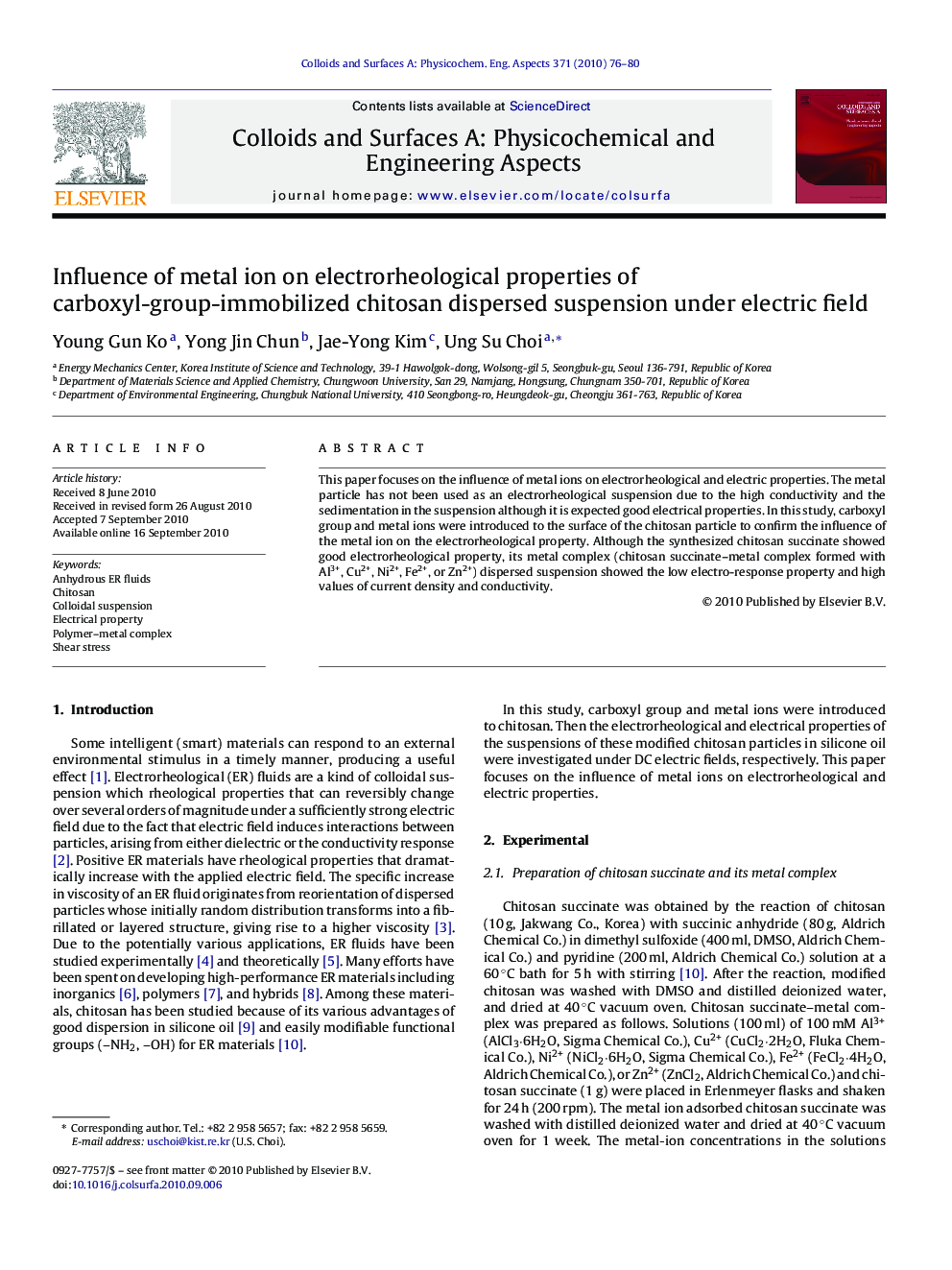 Influence of metal ion on electrorheological properties of carboxyl-group-immobilized chitosan dispersed suspension under electric field