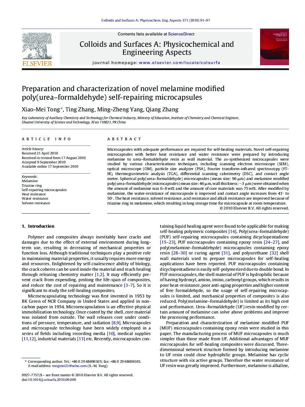 Preparation and characterization of novel melamine modified poly(urea–formaldehyde) self-repairing microcapsules