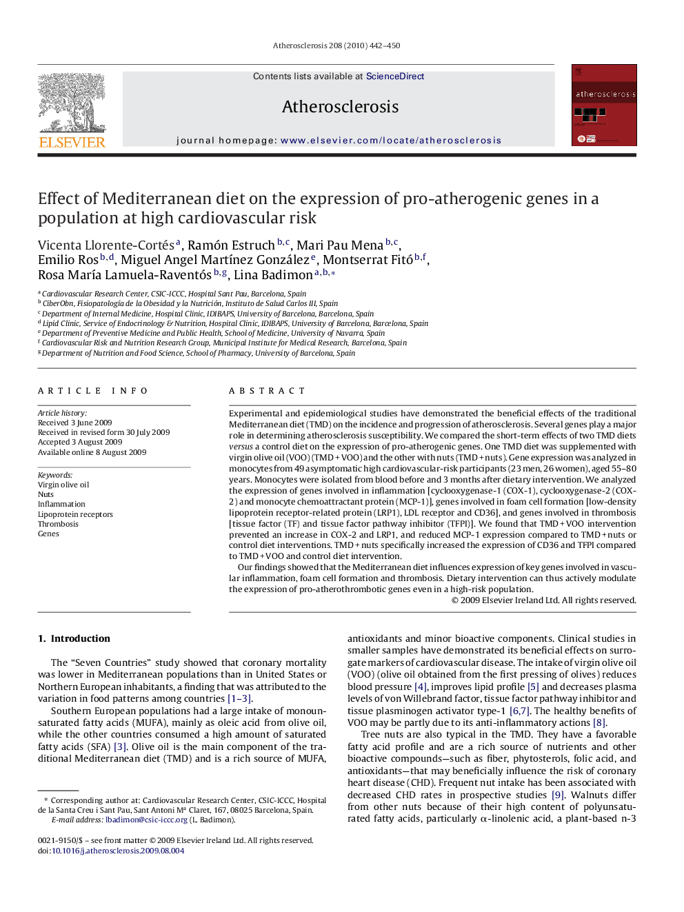 Effect of Mediterranean diet on the expression of pro-atherogenic genes in a population at high cardiovascular risk