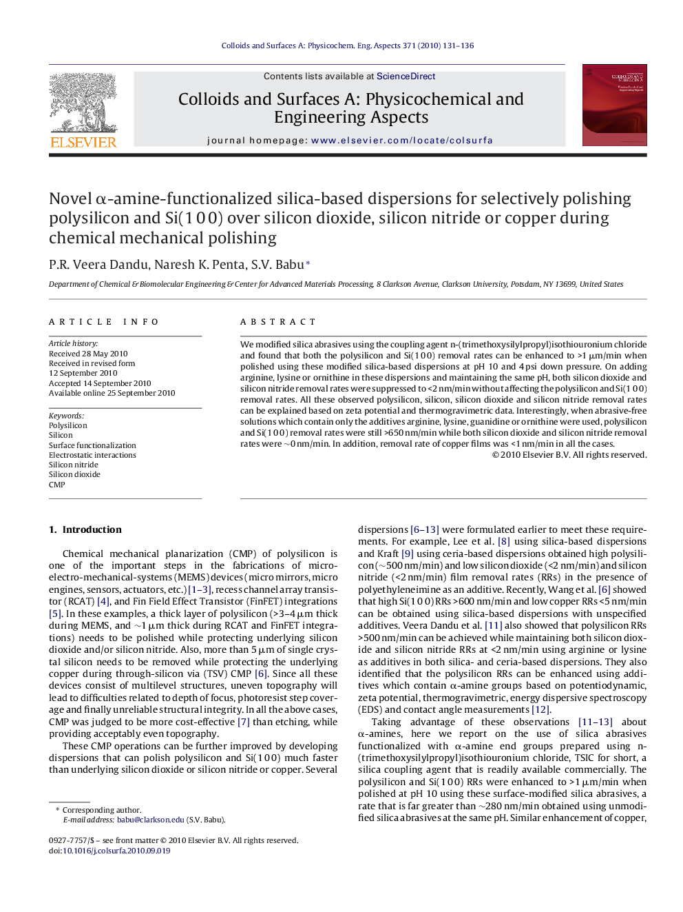 Novel α-amine-functionalized silica-based dispersions for selectively polishing polysilicon and Si(1 0 0) over silicon dioxide, silicon nitride or copper during chemical mechanical polishing