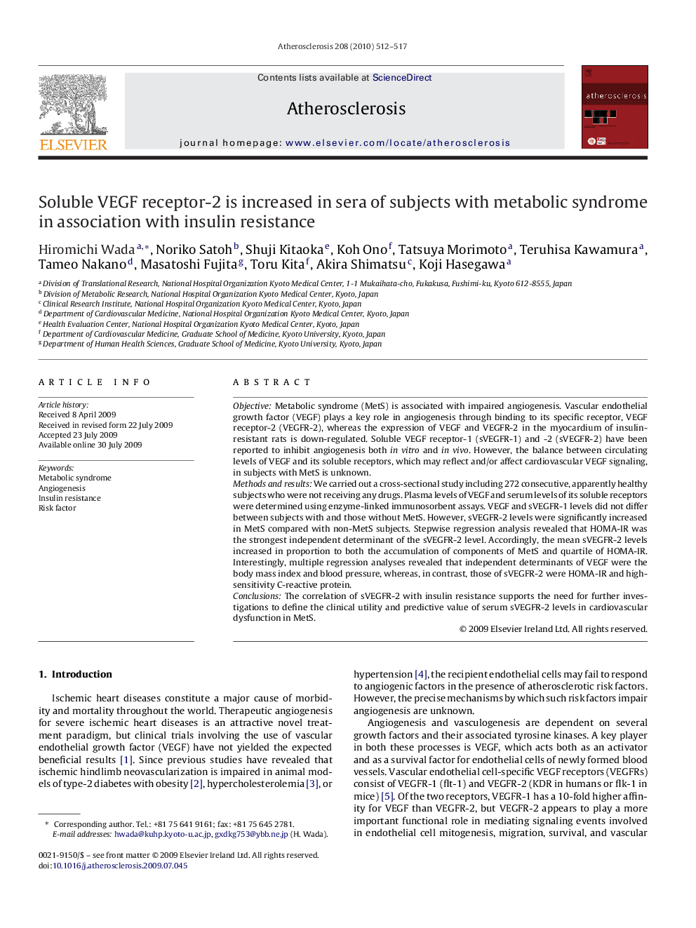 Soluble VEGF receptor-2 is increased in sera of subjects with metabolic syndrome in association with insulin resistance