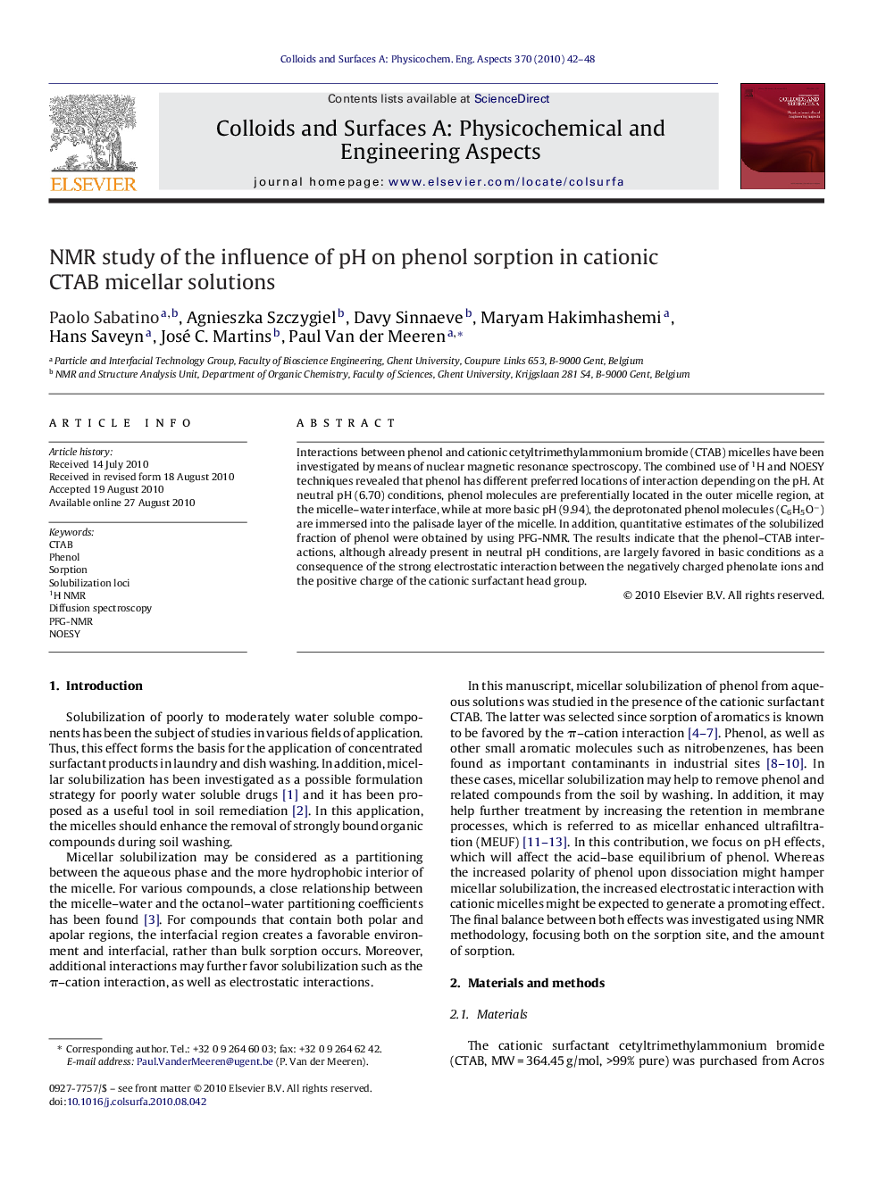 NMR study of the influence of pH on phenol sorption in cationic CTAB micellar solutions