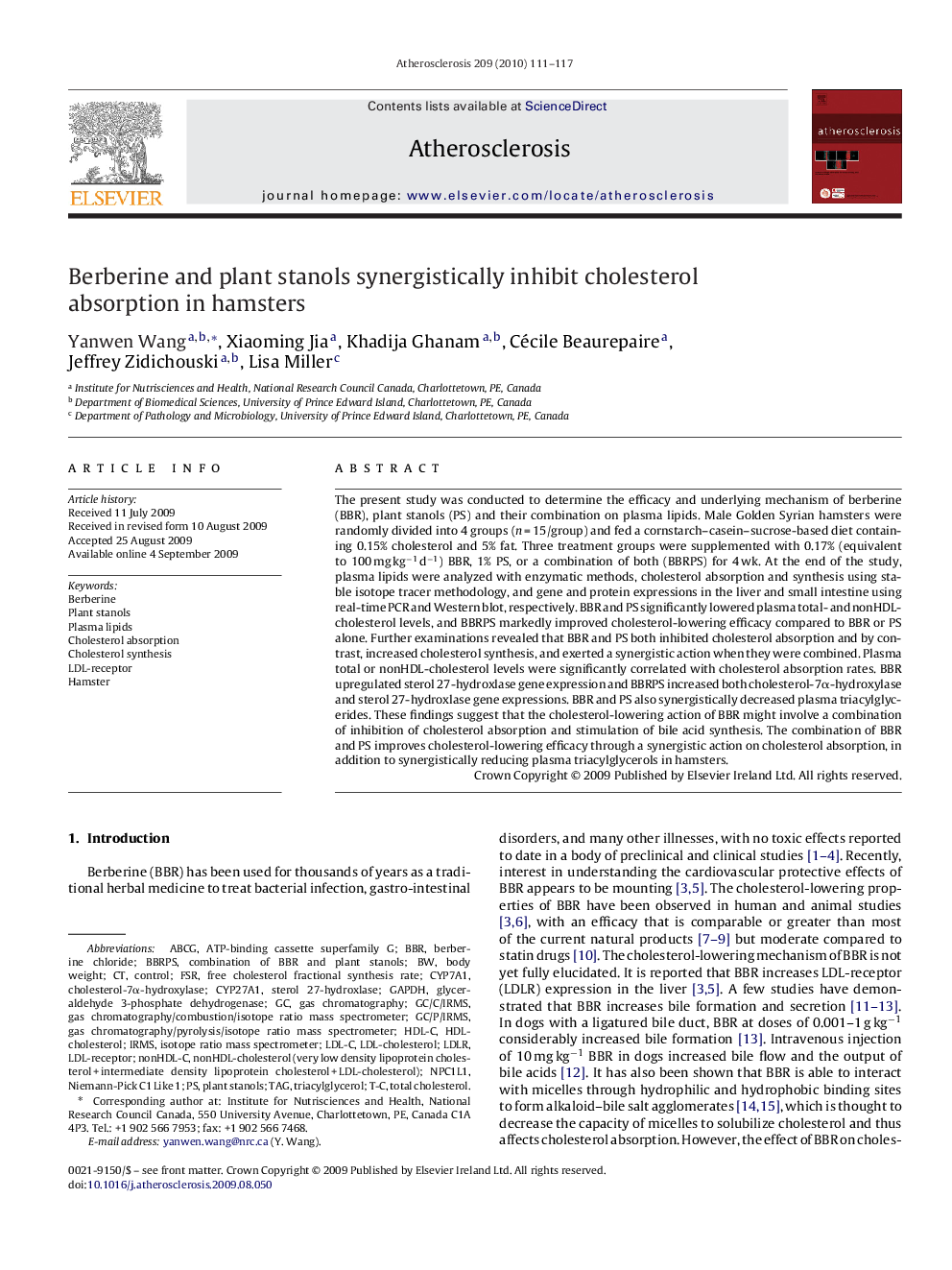 Berberine and plant stanols synergistically inhibit cholesterol absorption in hamsters