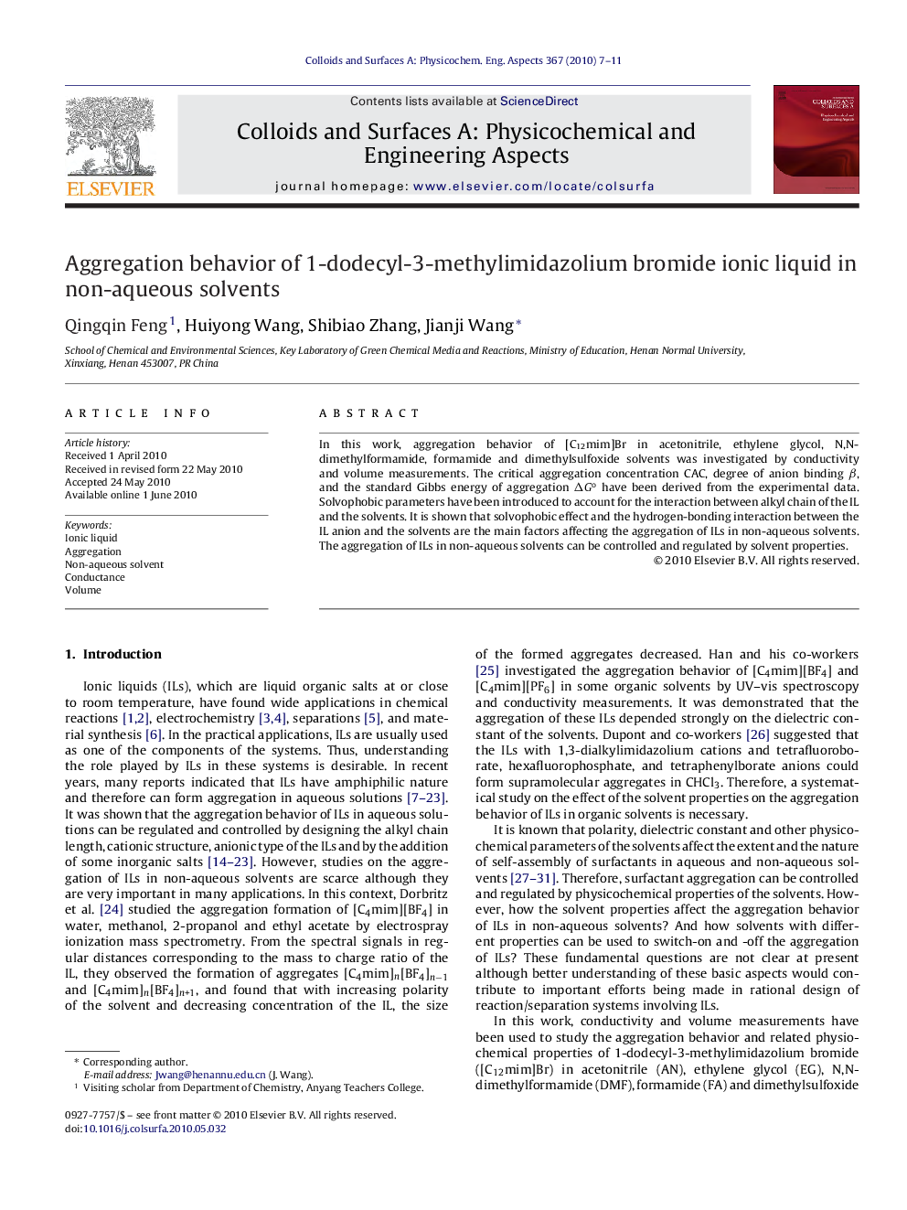 Aggregation behavior of 1-dodecyl-3-methylimidazolium bromide ionic liquid in non-aqueous solvents