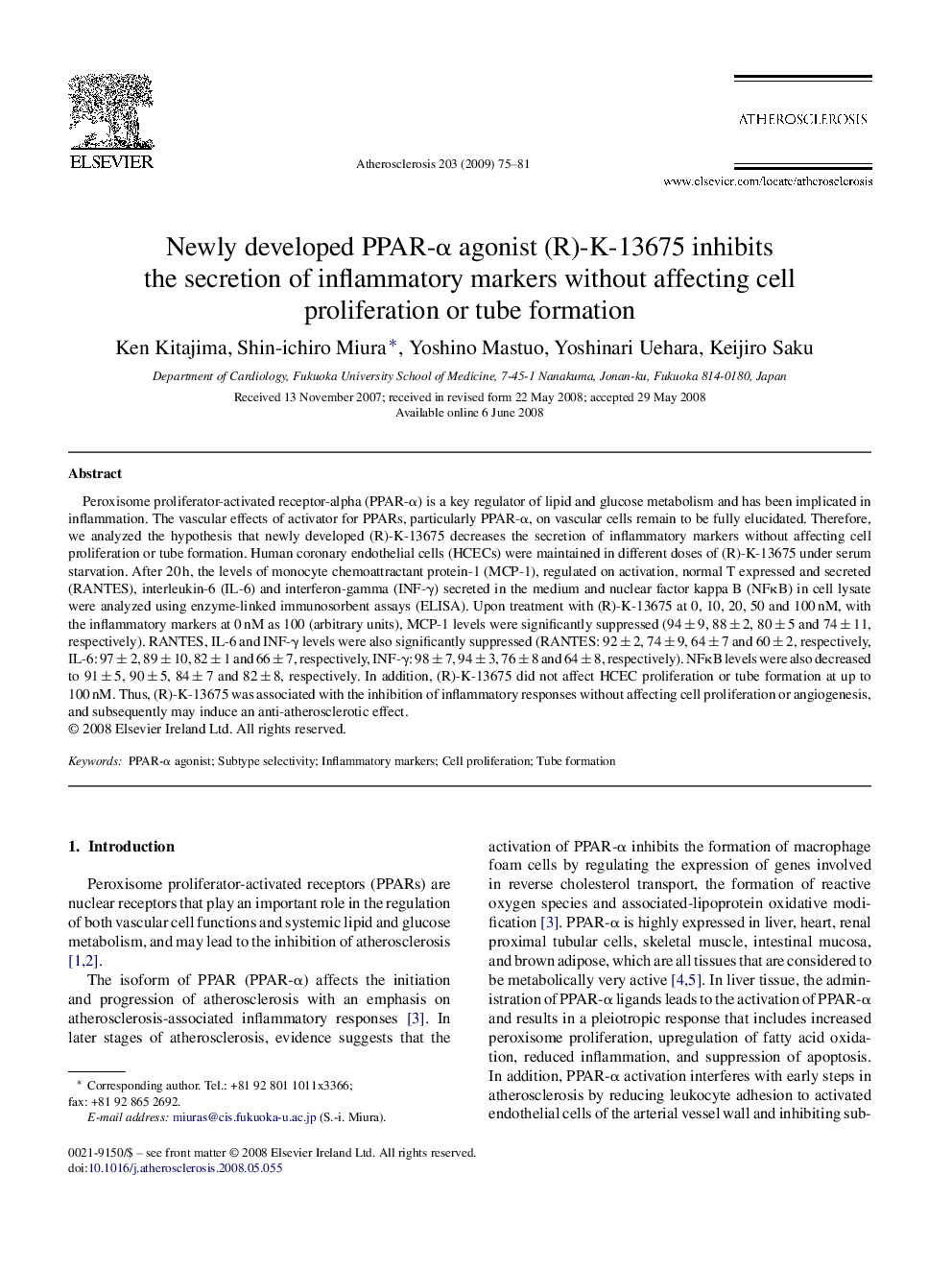 Newly developed PPAR-Î± agonist (R)-K-13675 inhibits the secretion of inflammatory markers without affecting cell proliferation or tube formation