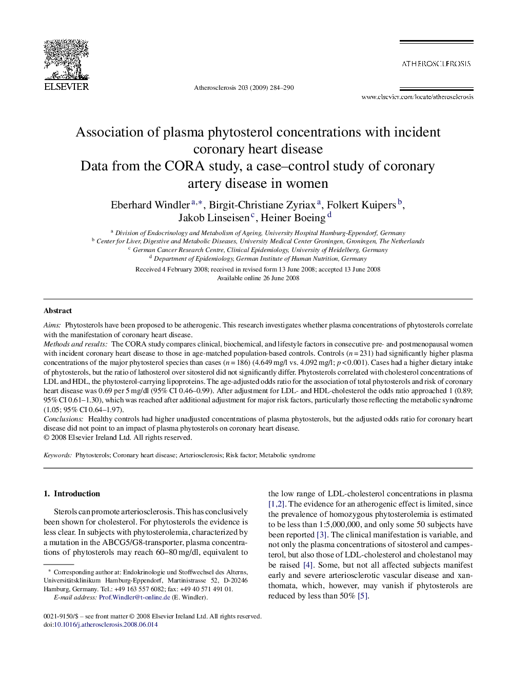 Association of plasma phytosterol concentrations with incident coronary heart disease: Data from the CORA study, a case-control study of coronary artery disease in women