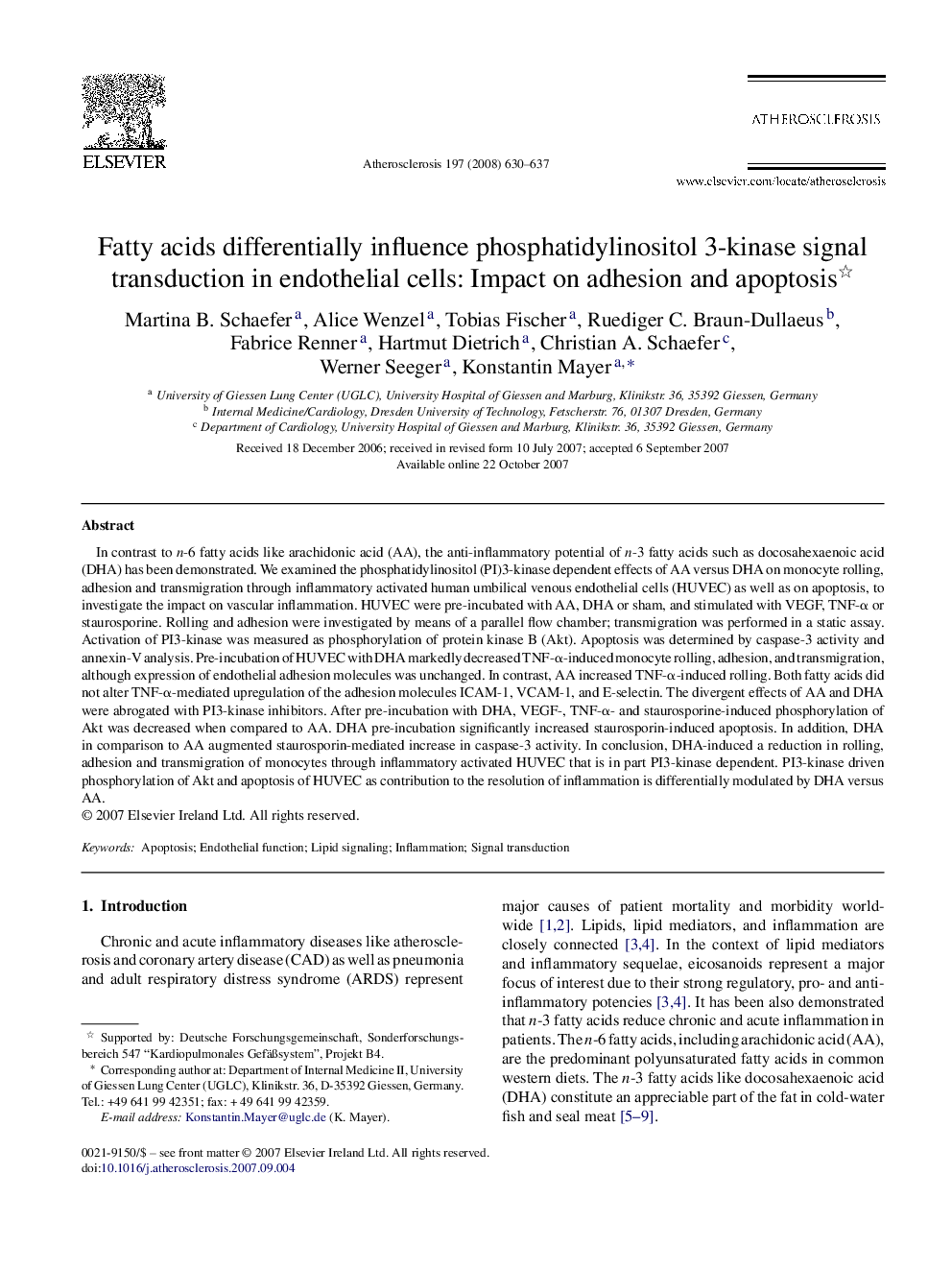 Fatty acids differentially influence phosphatidylinositol 3-kinase signal transduction in endothelial cells: Impact on adhesion and apoptosis