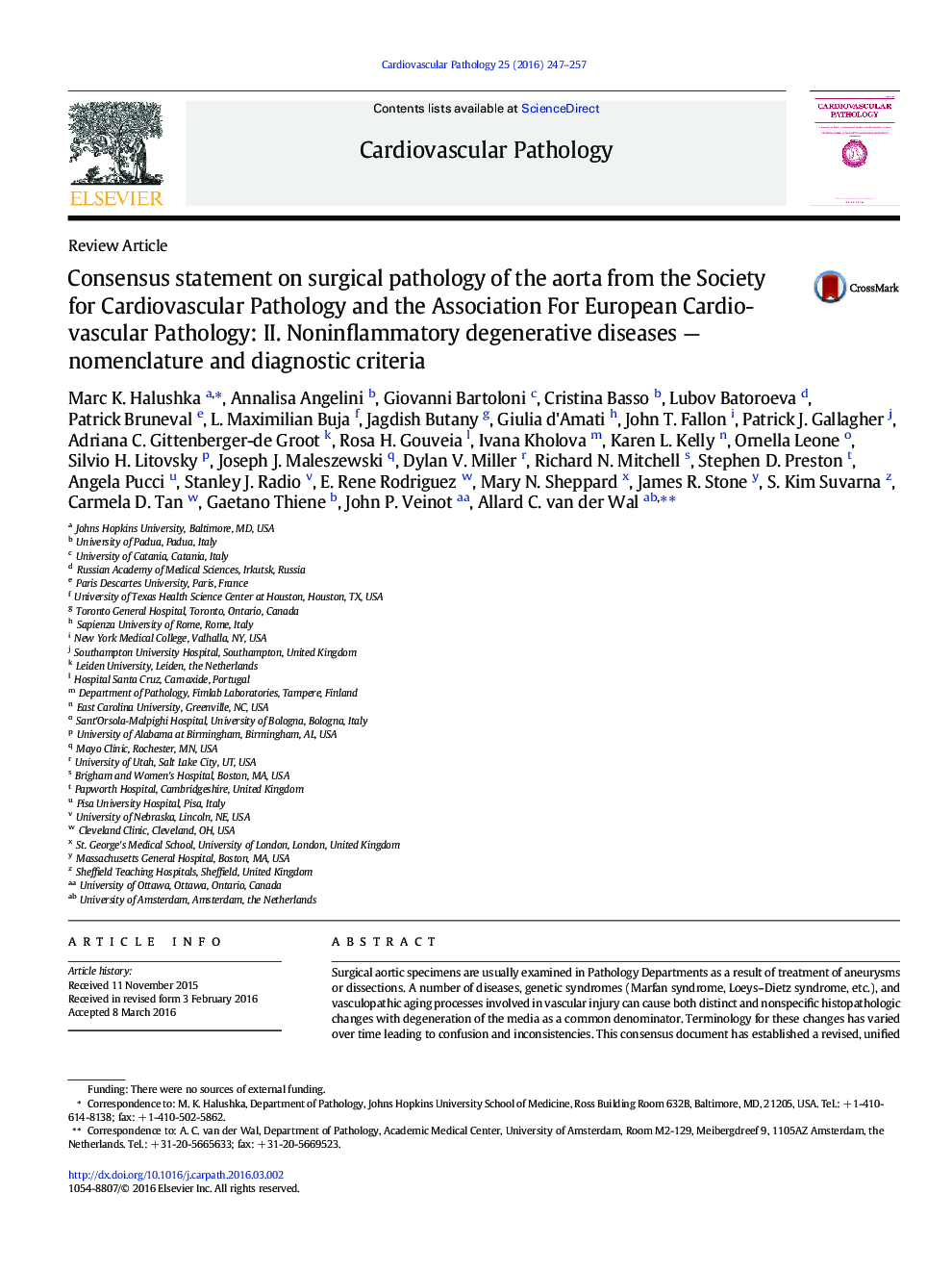 Consensus statement on surgical pathology of the aorta from the Society for Cardiovascular Pathology and the Association For European Cardiovascular Pathology: II. Noninflammatory degenerative diseases - nomenclature and diagnostic criteria
