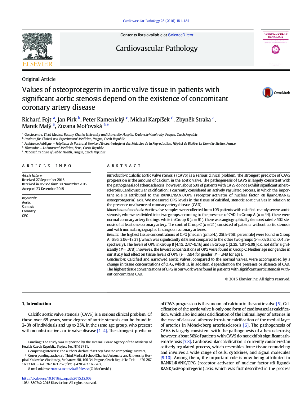 Values of osteoprotegerin in aortic valve tissue in patients with significant aortic stenosis depend on the existence of concomitant coronary artery disease