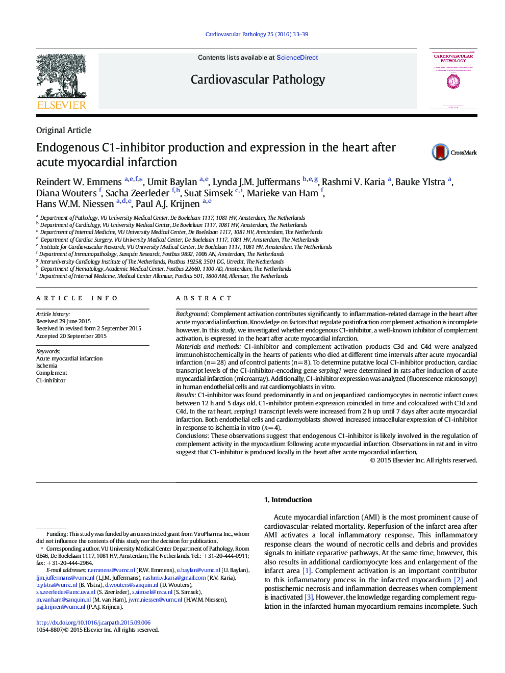 Endogenous C1-inhibitor production and expression in the heart after acute myocardial infarction