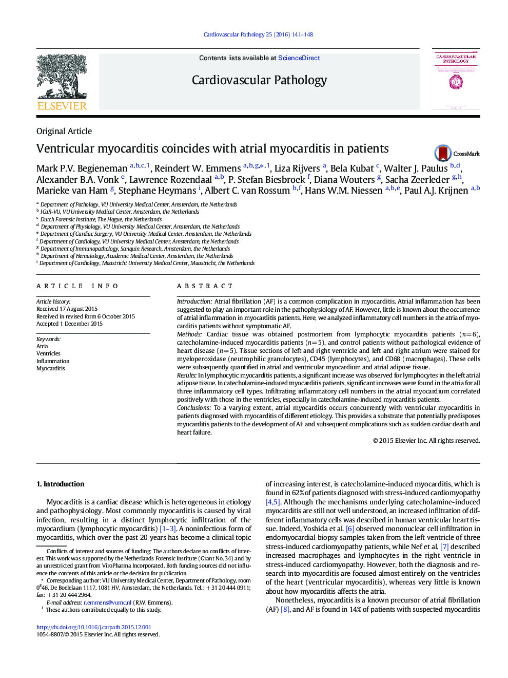 Ventricular myocarditis coincides with atrial myocarditis in patients