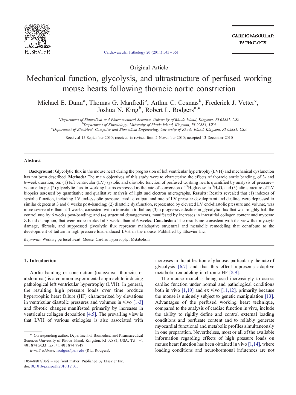 Mechanical function, glycolysis, and ultrastructure of perfused working mouse hearts following thoracic aortic constriction