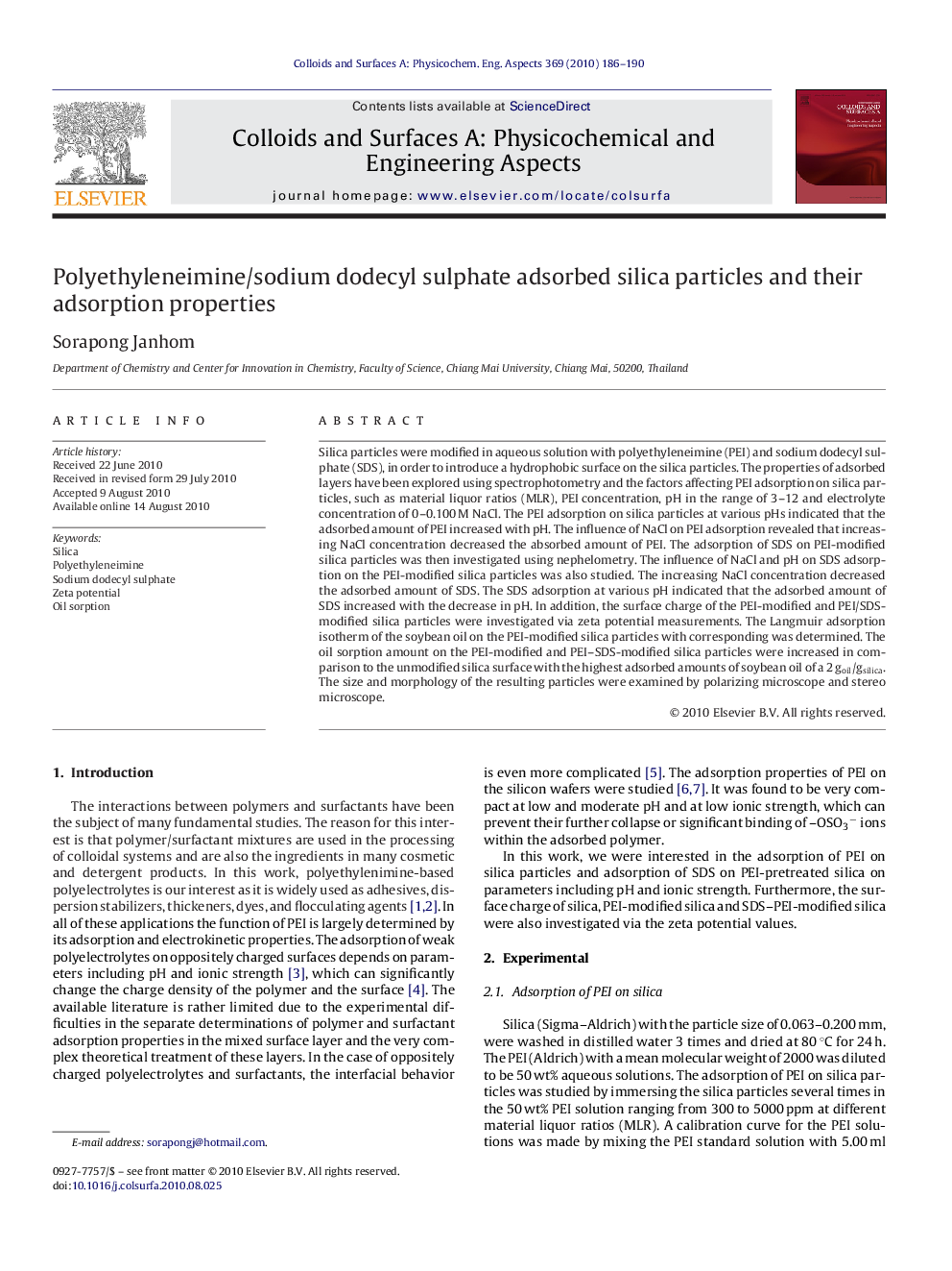 Polyethyleneimine/sodium dodecyl sulphate adsorbed silica particles and their adsorption properties