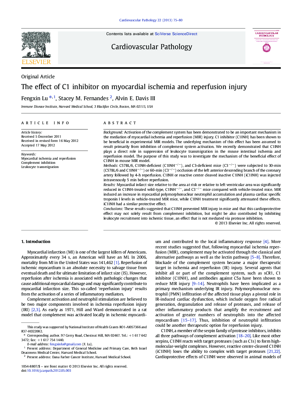 The effect of C1 inhibitor on myocardial ischemia and reperfusion injury