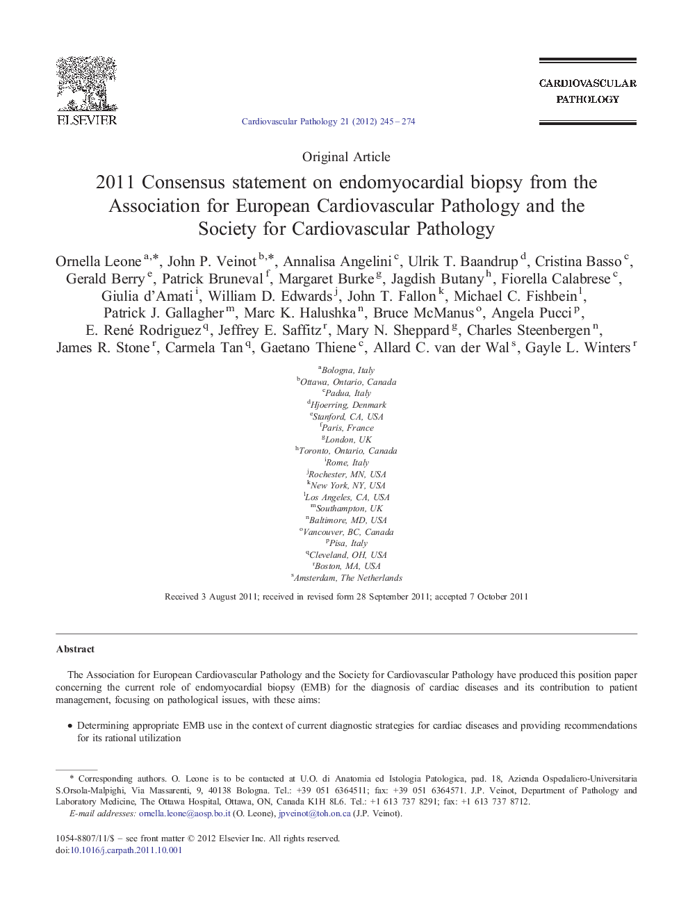 2011 Consensus statement on endomyocardial biopsy from the Association for European Cardiovascular Pathology and the Society for Cardiovascular Pathology