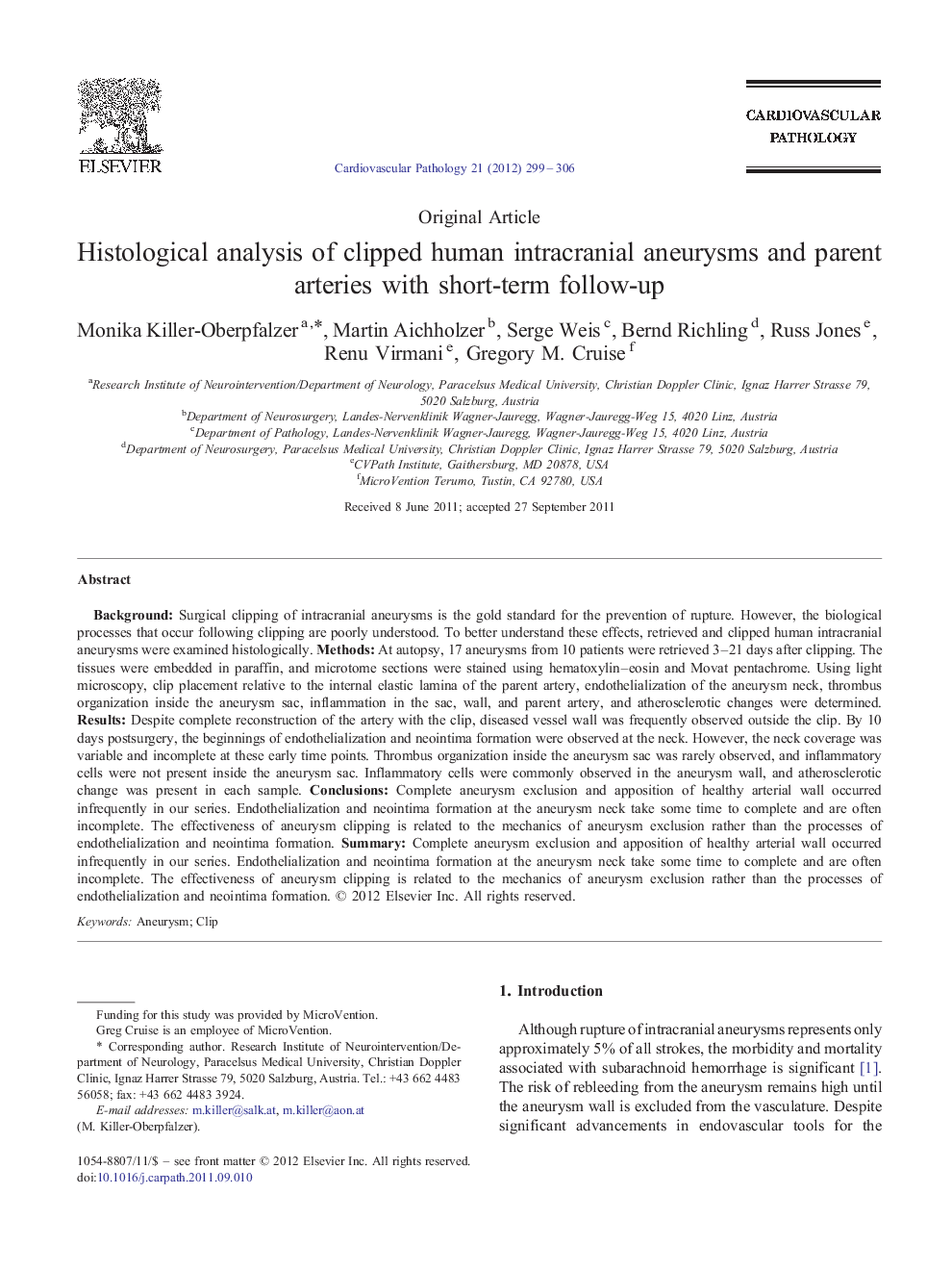 Histological analysis of clipped human intracranial aneurysms and parent arteries with short-term follow-up