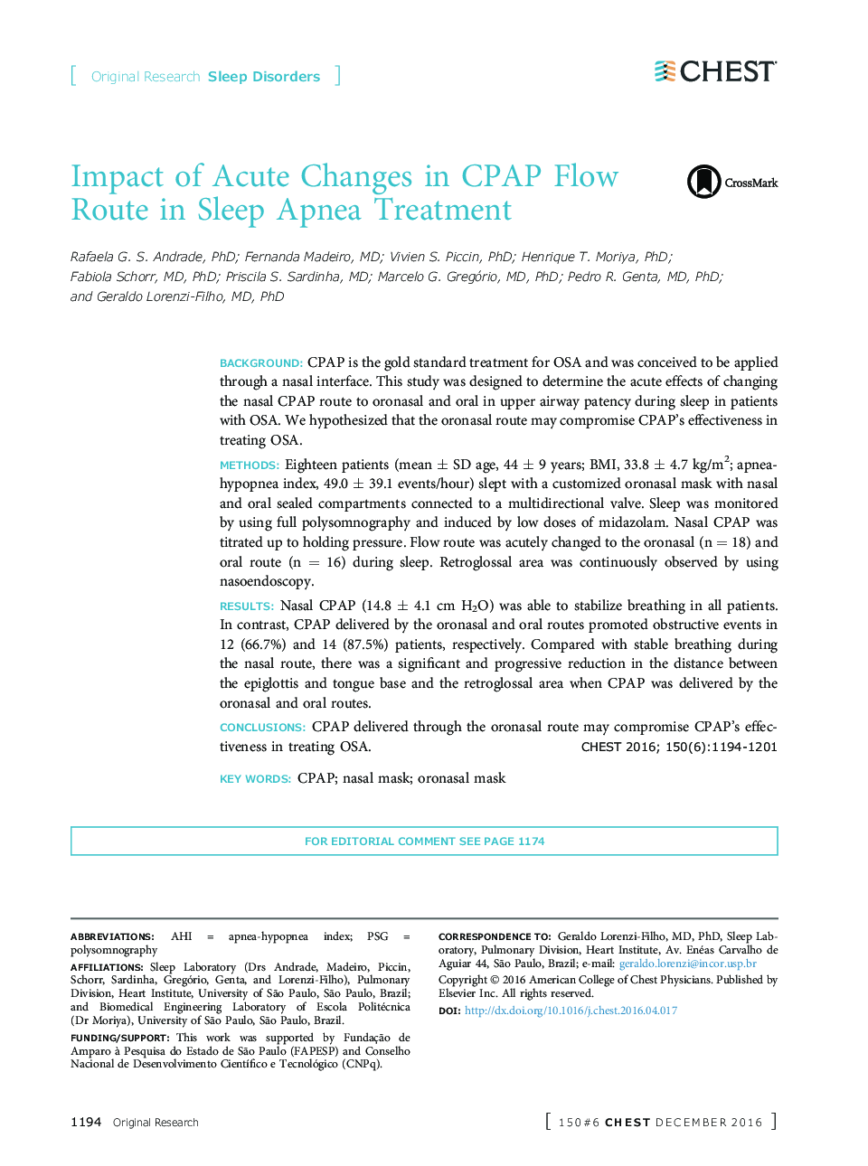 Impact of Acute Changes in CPAP Flow Route in Sleep Apnea Treatment