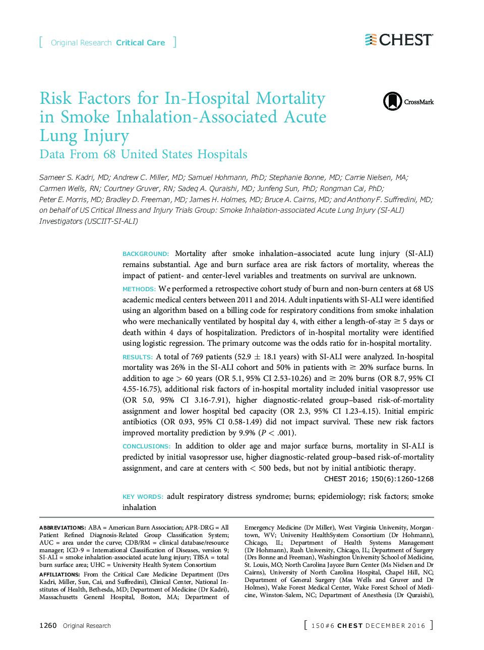 Risk Factors for In-Hospital Mortality in Smoke Inhalation-Associated Acute Lung Injury