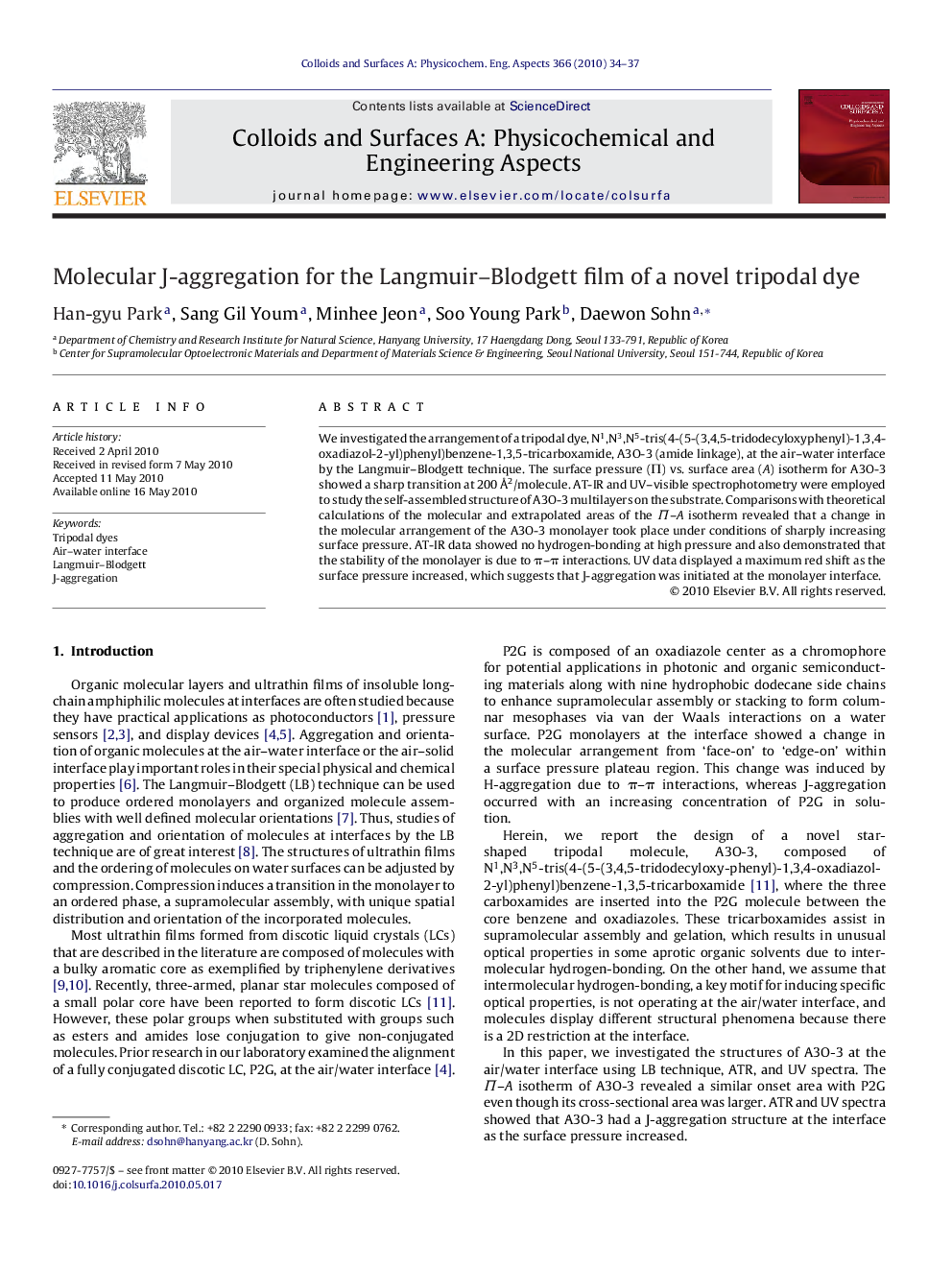 Molecular J-aggregation for the Langmuir–Blodgett film of a novel tripodal dye