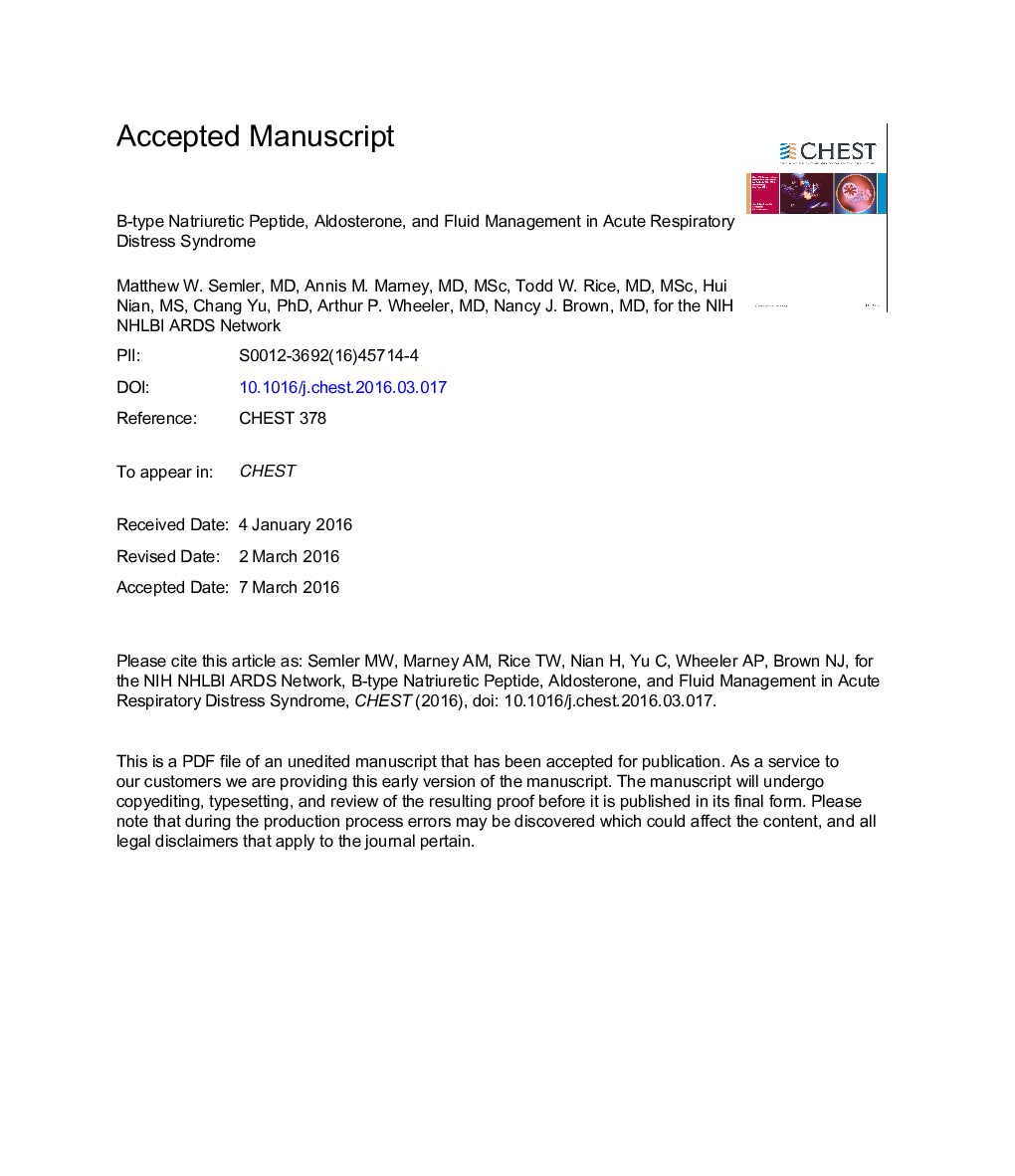 B-Type Natriuretic Peptide, Aldosterone, and Fluid Management in ARDS