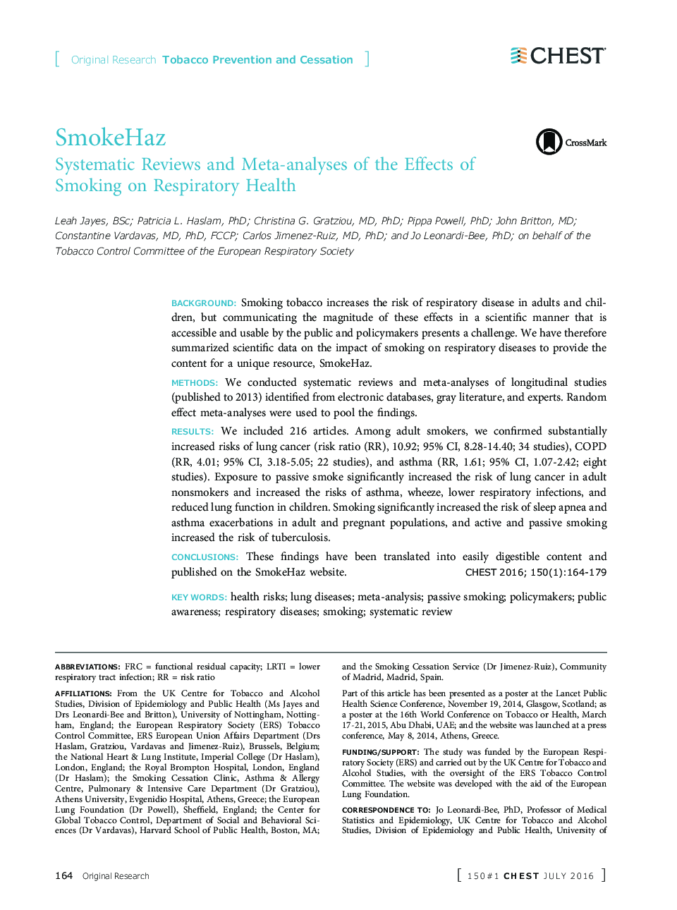 SmokeHaz: Systematic Reviews and Meta-analyses of the Effects of Smoking on Respiratory Health