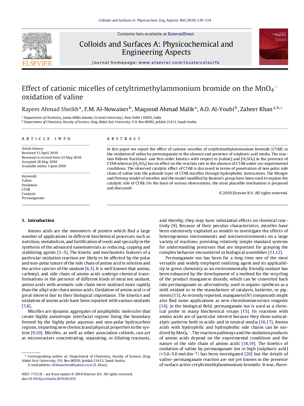 Effect of cationic micelles of cetyltrimethylammonium bromide on the MnO4− oxidation of valine