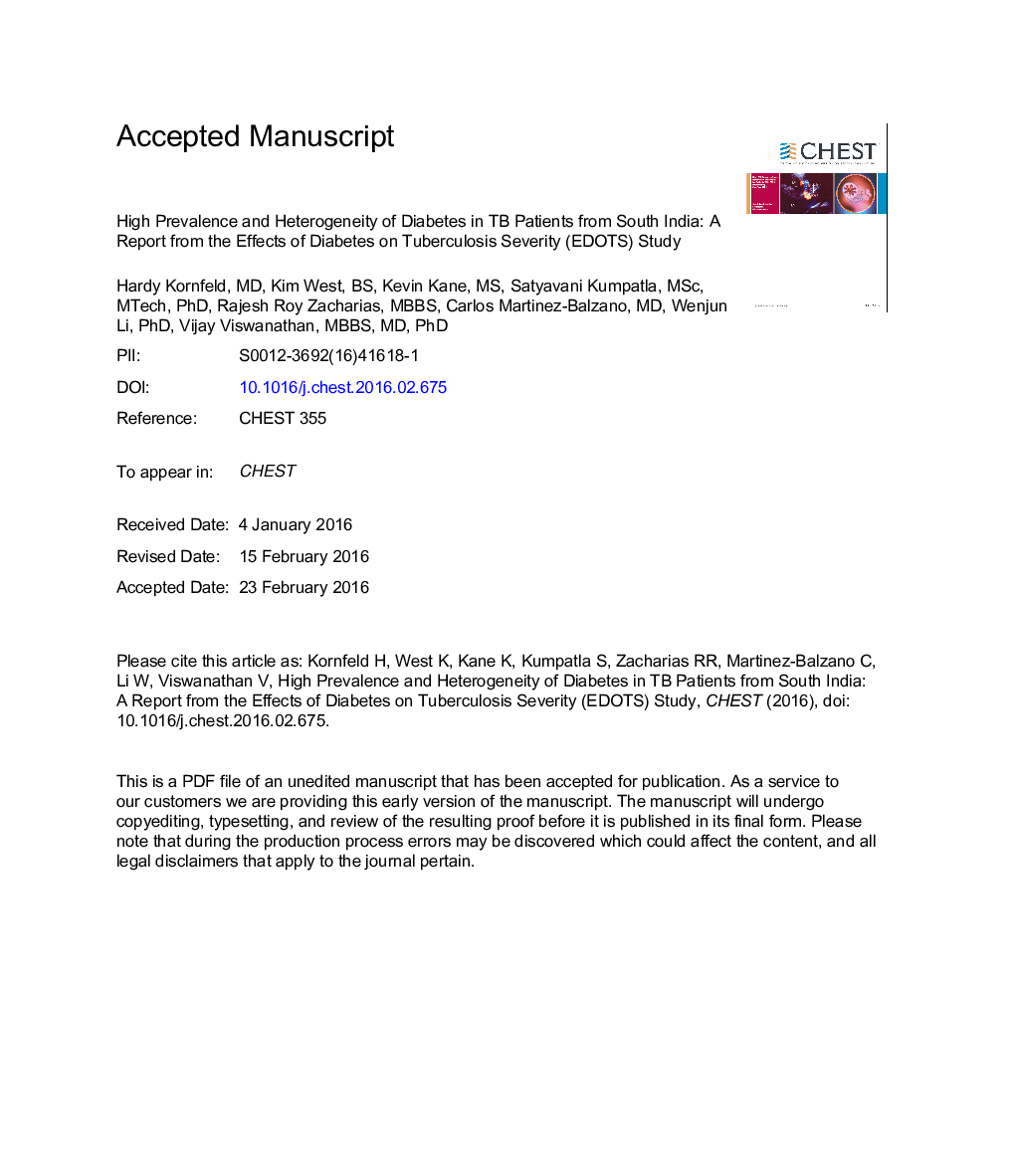 High Prevalence and Heterogeneity of Diabetes in Patients With TB in South India