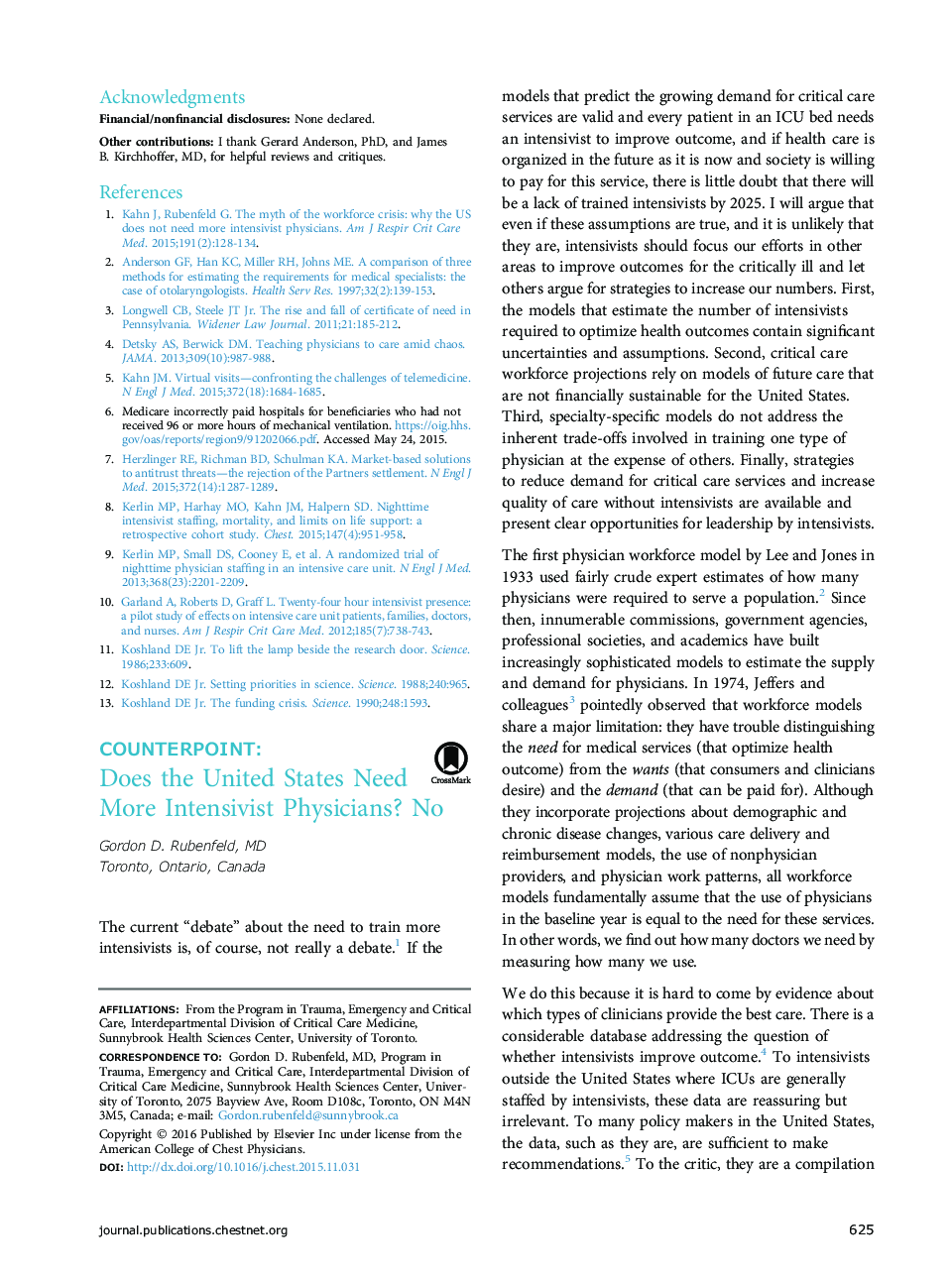 COUNTERPOINT: Does the United States Need More Intensivist Physicians? No