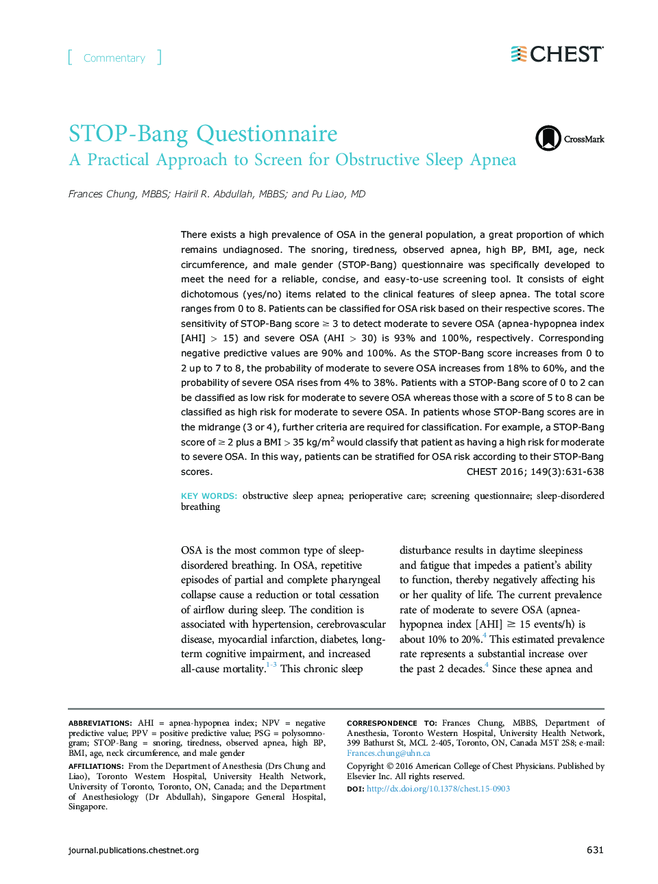 STOP-Bang Questionnaire: A Practical Approach to Screen for Obstructive Sleep Apnea