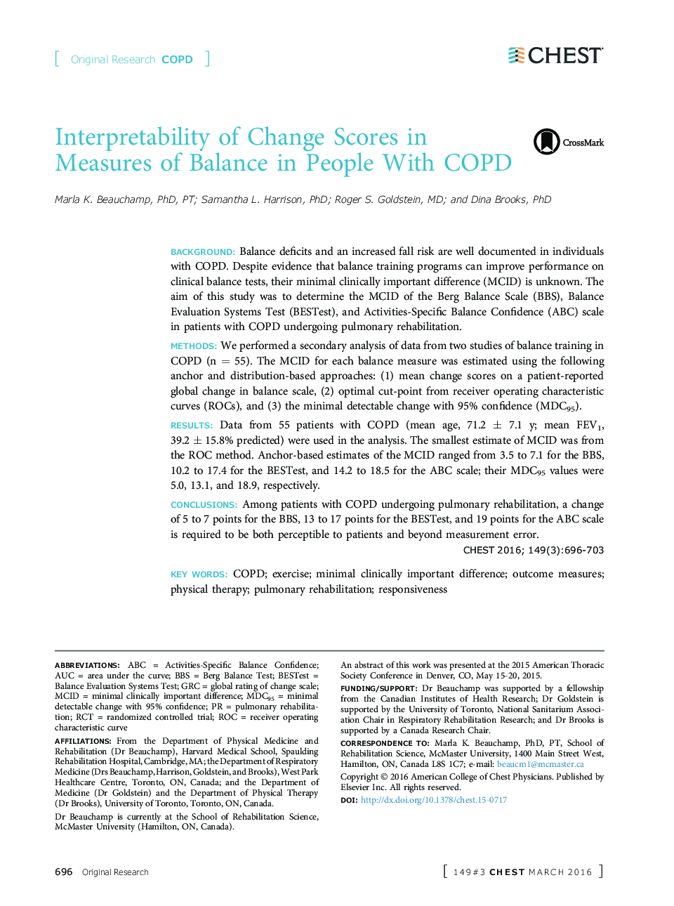 Interpretability of Change Scores in Measures of Balance in People With COPD