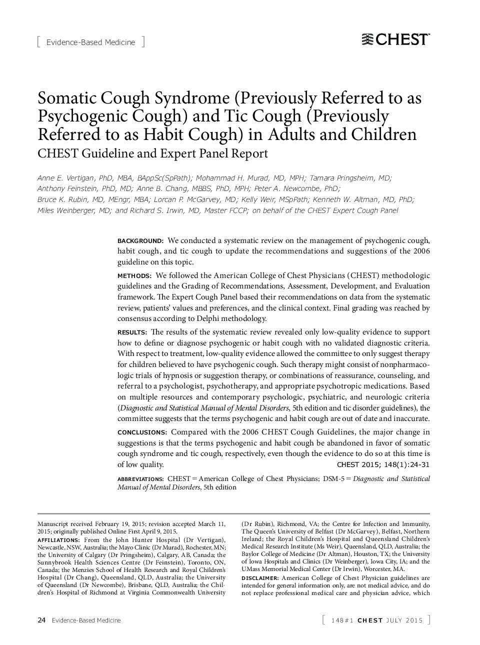 Somatic Cough Syndrome (Previously Referred to as Psychogenic Cough) and Tic Cough (Previously Referred to as Habit Cough) in Adults and Children