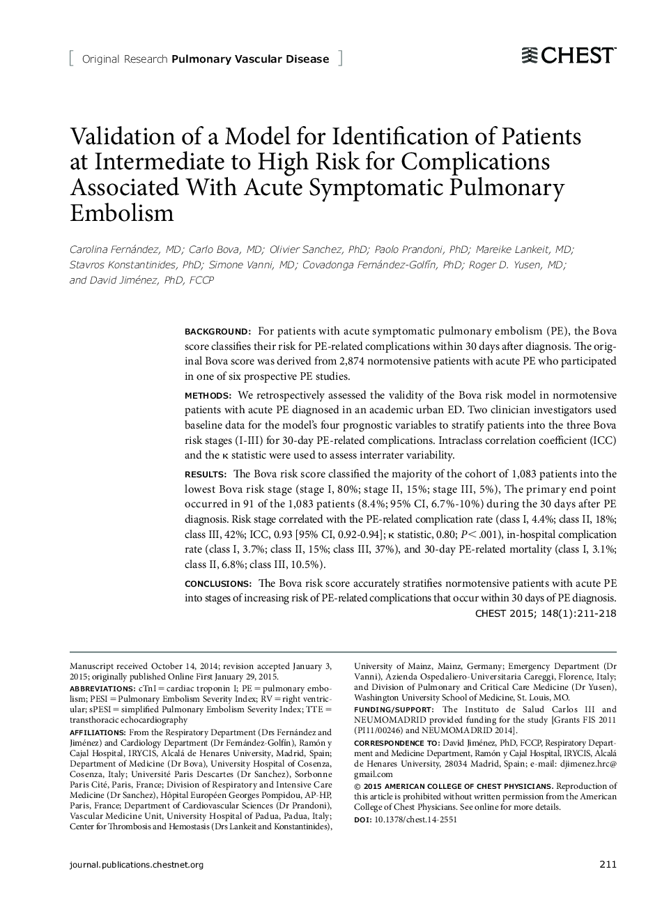 Validation of a Model for Identification of Patients at Intermediate to High Risk for Complications Associated With Acute Symptomatic Pulmonary Embolism