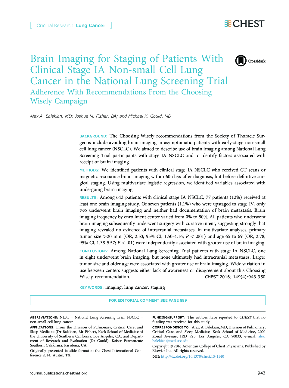 Brain Imaging for Staging of Patients With Clinical Stage IA Non-small Cell Lung Cancer in the National Lung Screening Trial