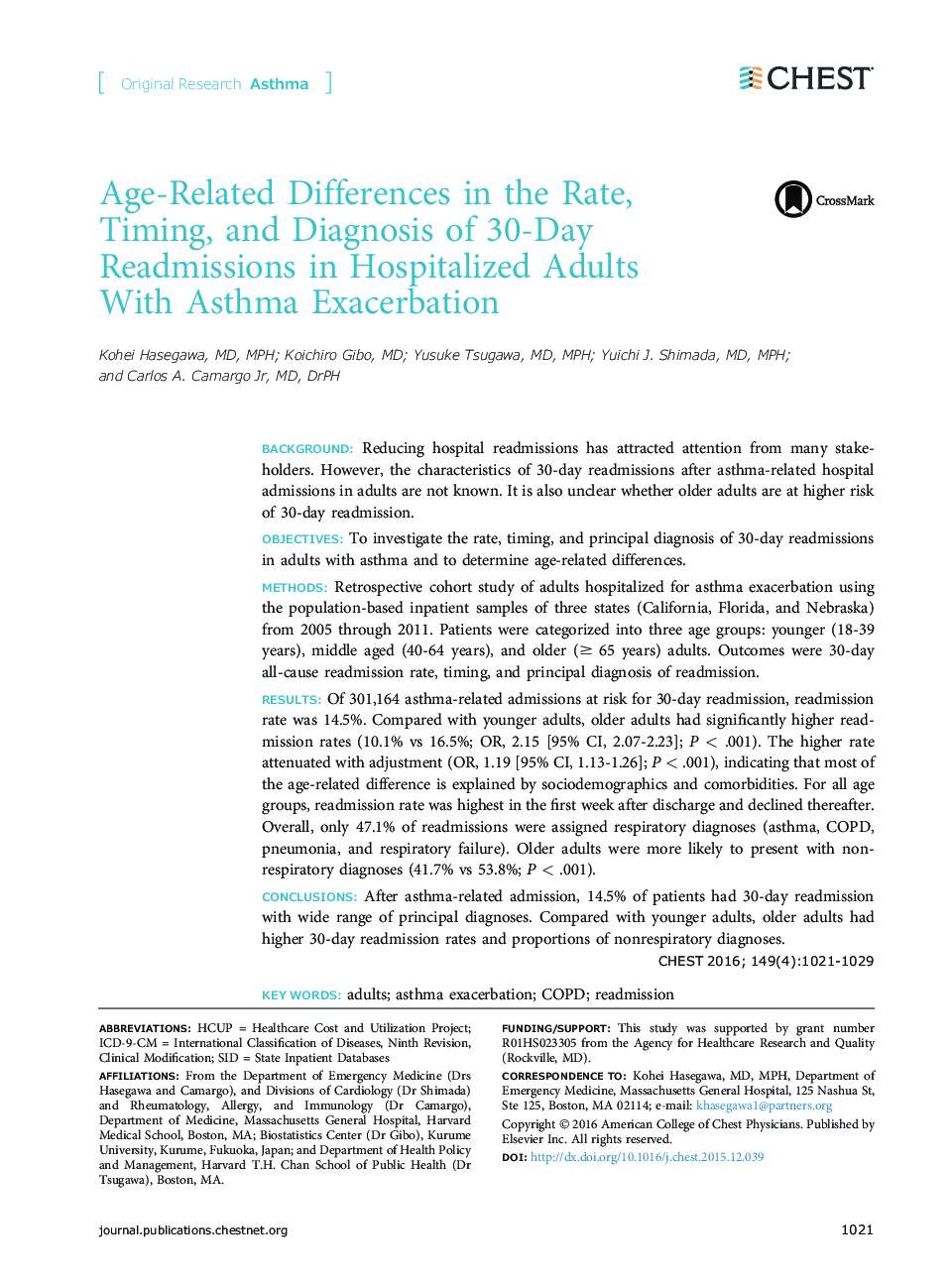 Age-Related Differences in the Rate, Timing,Â and Diagnosis of 30-Day Readmissions in Hospitalized Adults WithÂ Asthma Exacerbation